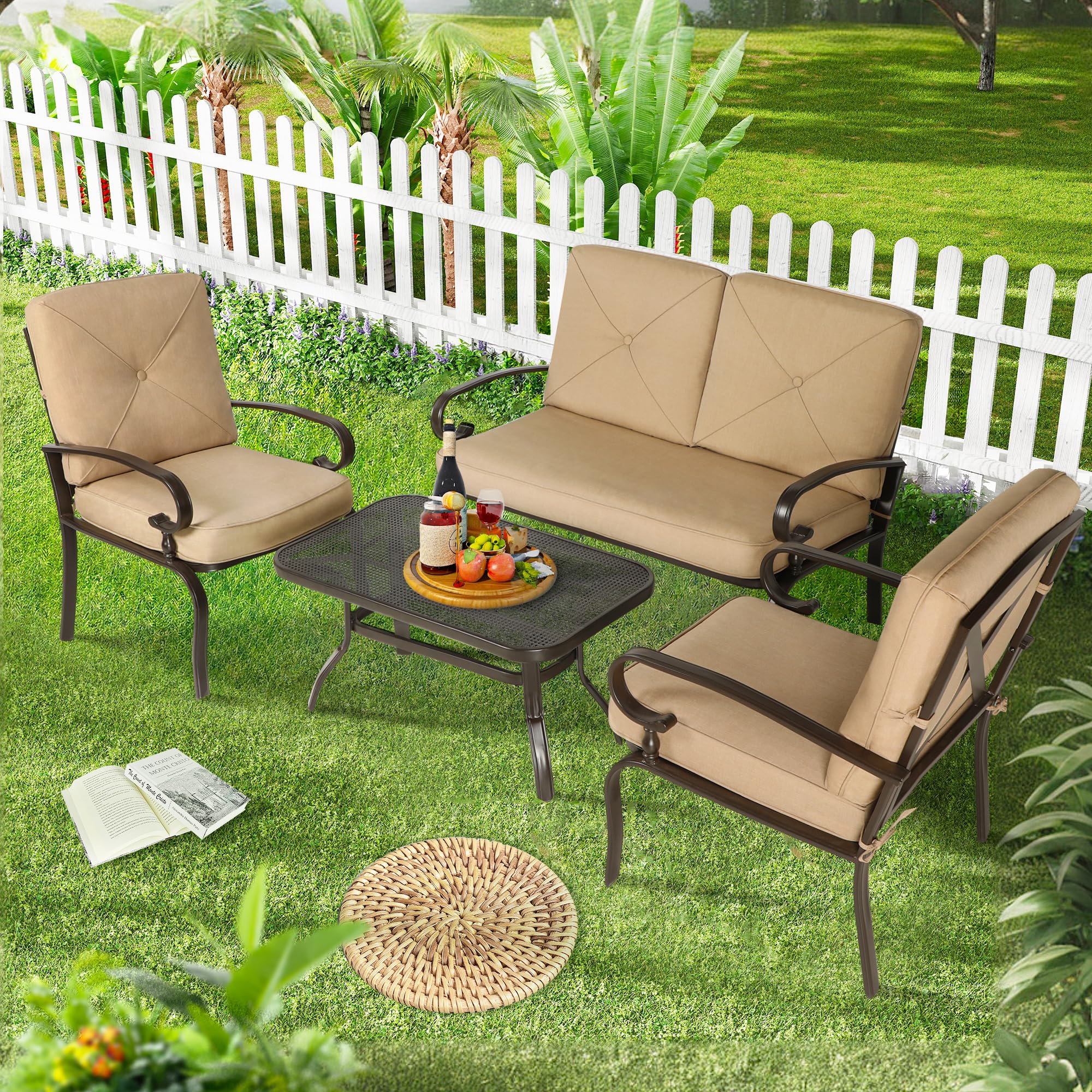 4-Piece Modern Outdoor Patio Furniture Set - Loveseat, 2 Dining Chairs & Coffee Table with Brown Cushions, Metal Bistro Set for Garden, Yard, Balcony | Perfect for Relaxing, Entertaining & Outdoor Dining