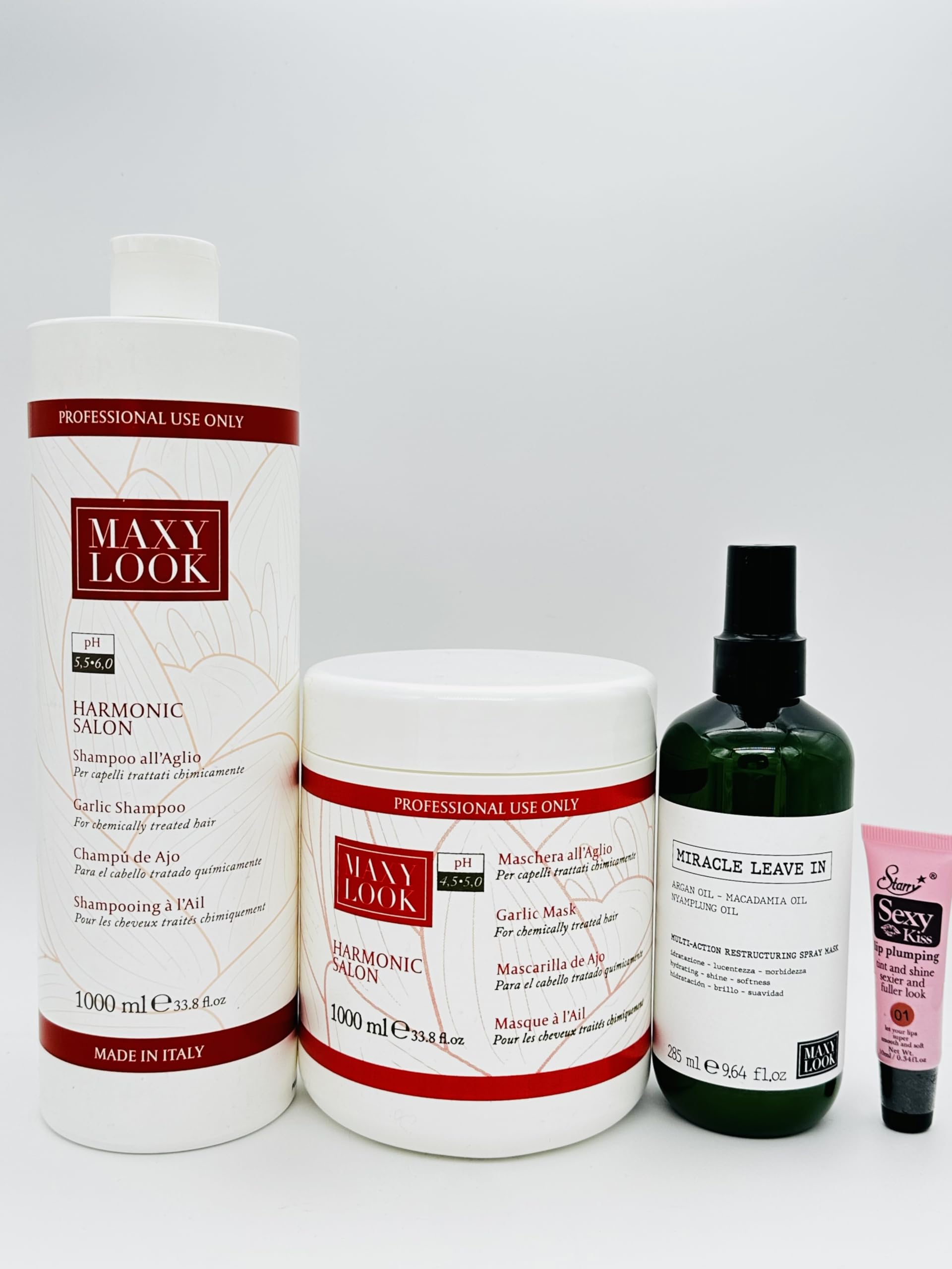 Maxima Maxy Look Harmonic Salon Garlic Shampoo 1000ml & Garlic Mask 1000ml Set with Miracle Leave-In Conditioner Spray 250ml - Free Starry Lip Plumper Gloss | Hair Growth Treatment for Damaged Hair, Dandruff Control & Scalp Care | Professional Salon Quality Hair Care Kit