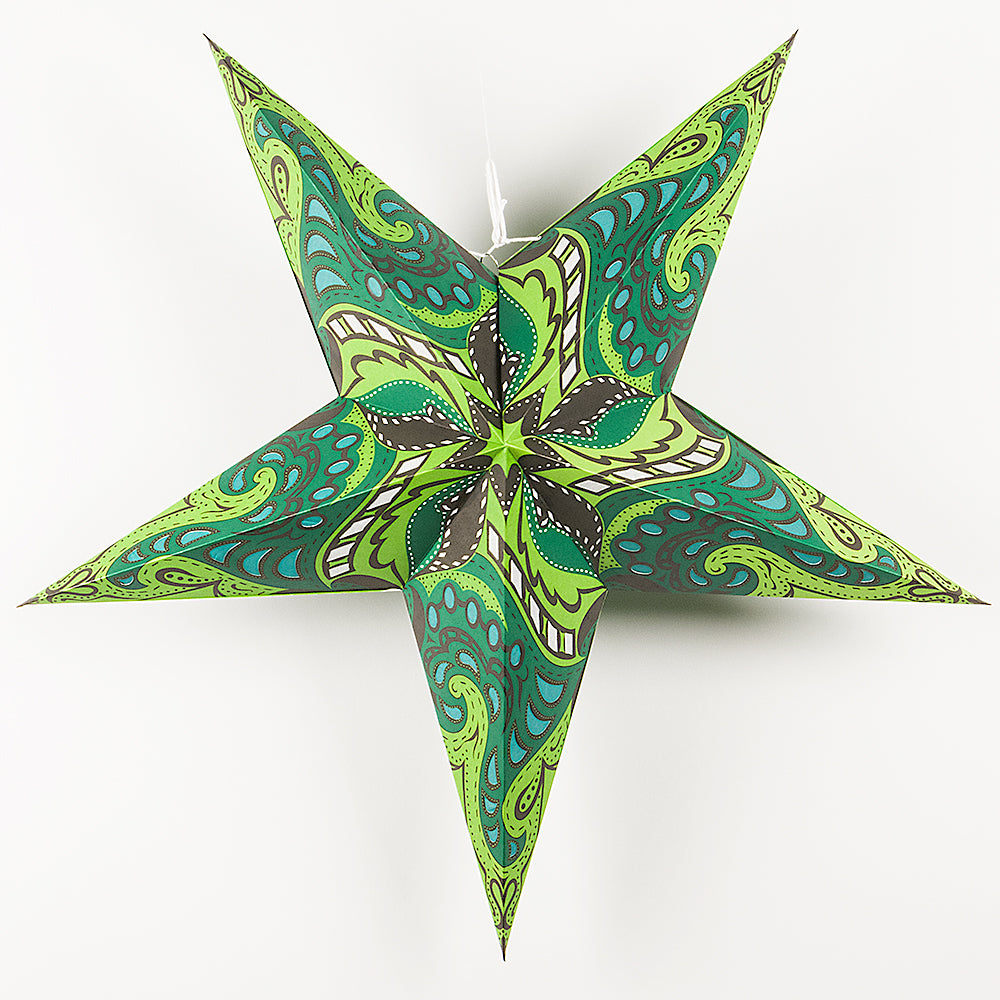 24 Green Paisley Paper Star Lanterns - Elegant Hanging Decor for Weddings, Parties & Home - Perfect for Indoor/Outdoor Celebrations & Boho Chic Room Decor