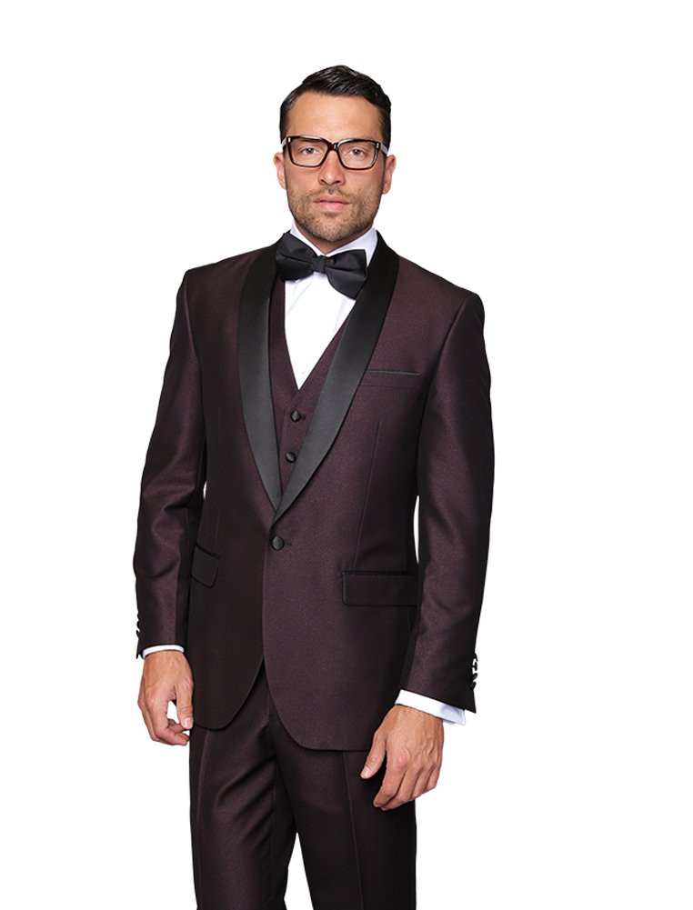 Men's 3-Piece Wool Tuxedo Suit - Plum Maroon Single Breasted 1-Button Jacket with Vest & Pants | Formal Wedding, Prom, Black Tie Events