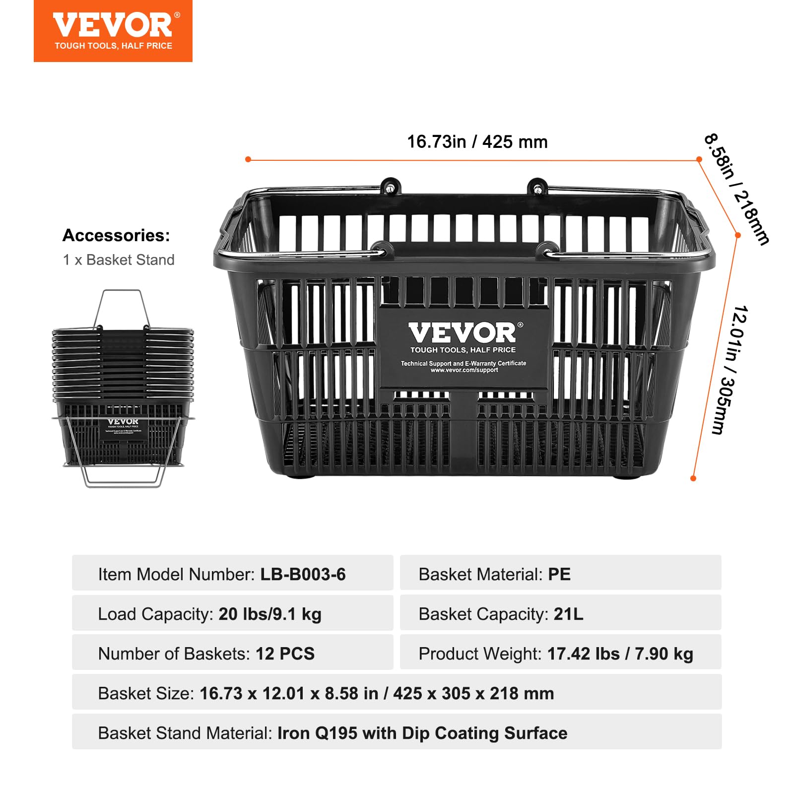 VEVOR 12-Pack 21L Durable Plastic Shopping Baskets with Metal Handles & Stand - 16.73 x 12.01 x 8.58 Inch Portable Grocery Baskets for Retail Stores, Supermarkets & Shopping - Perfect for Quick Checkouts & Organized Displays (Black)