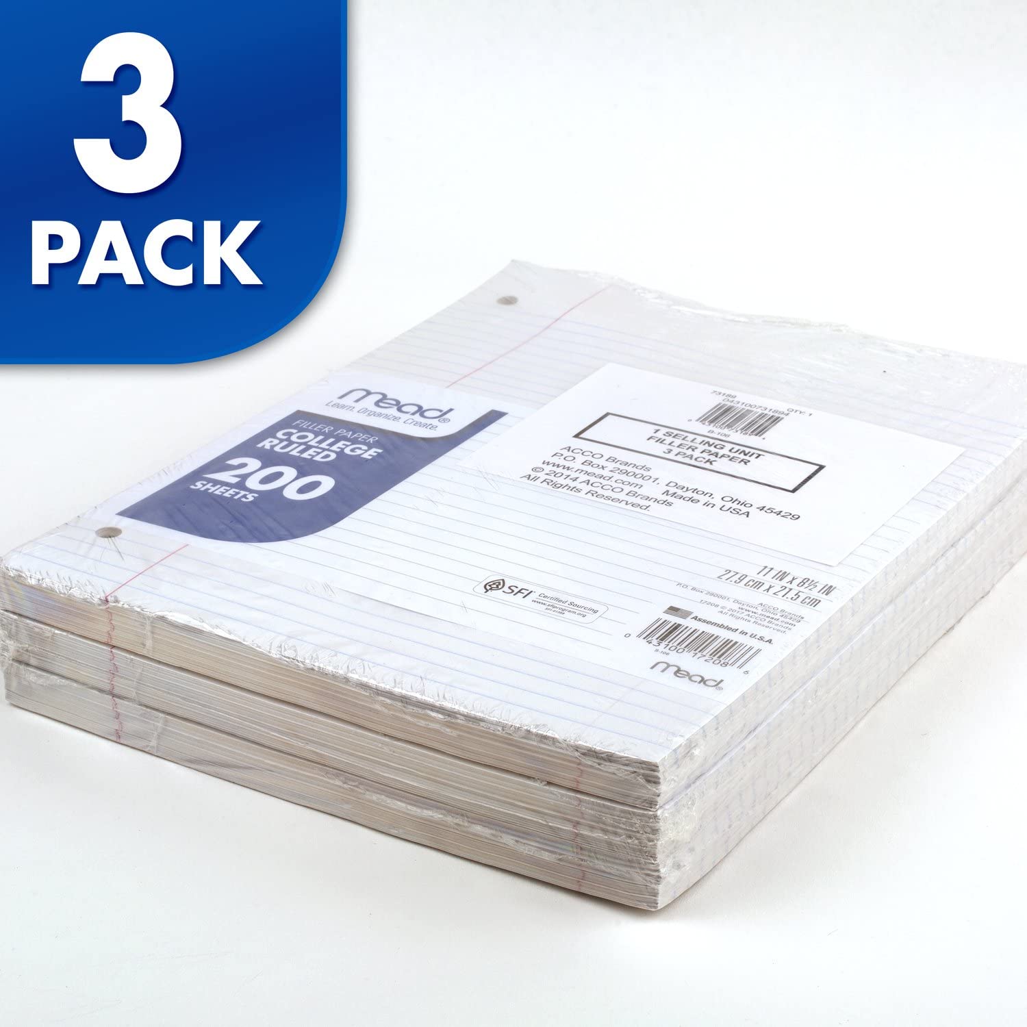 Mead Loose Leaf Paper, 3 Pack College Ruled Filler Paper - 8.5 x 11 Inches, 200 Sheets per Pack (73189) - Perfect for School, Office & Homework Organization