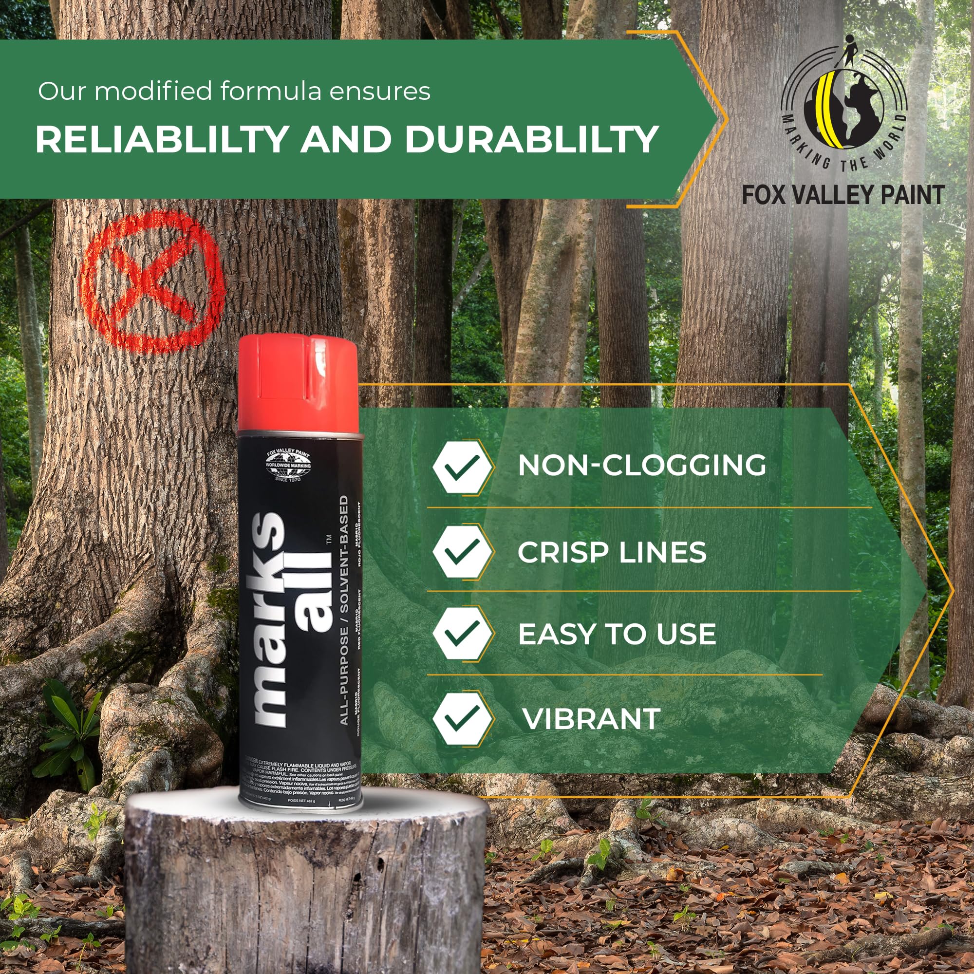 Fox Valley Marks All Utility Marking Paint Spray Can - 18 oz (Pack of 12) Red Fluorescent - Professional Lawn, Tree, Driveway & Parking Lot Marking Paint for Landscaping, Construction & Property Maintenance