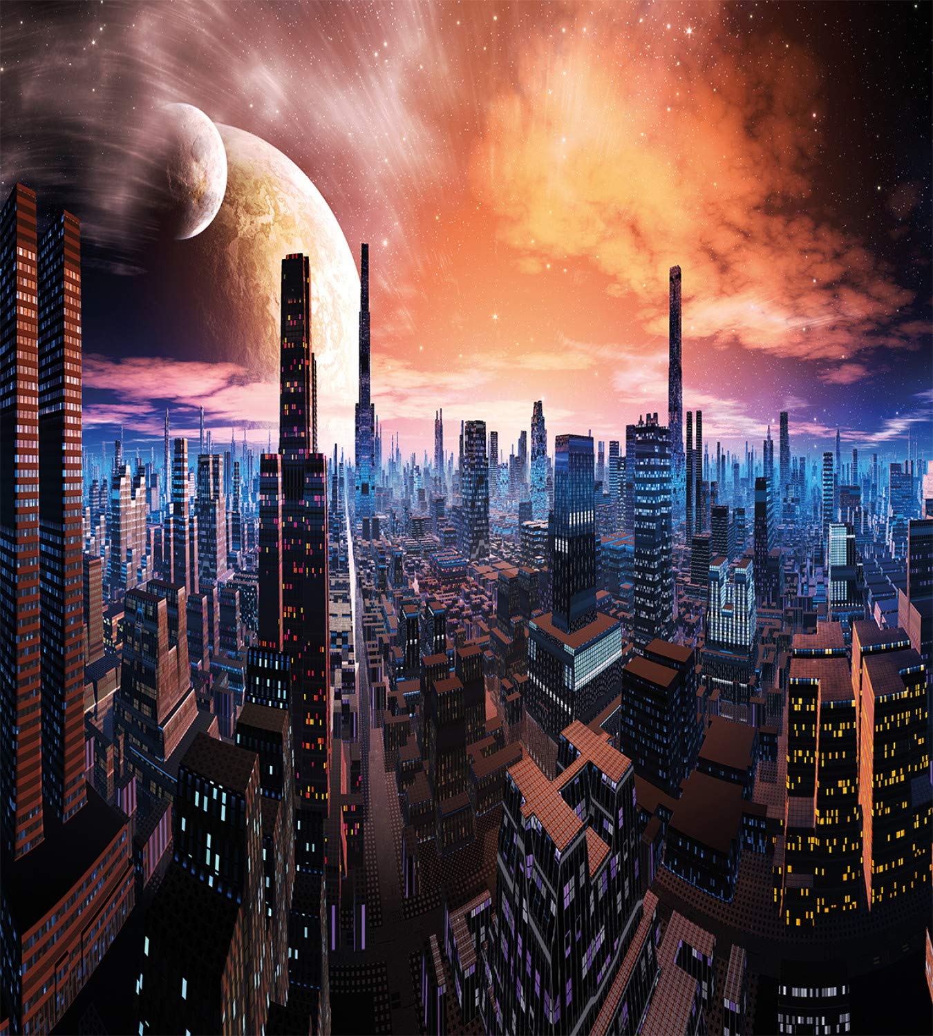 Ambesonne Futuristic Cityscape Duvet Cover Set - Sci-Fi Inspired Distant World Design with Planets in Sky, 3 Piece Bedding Set Includes 2 Pillow Shams, California King Size, Orange Blue Cinnamon - Perfect for Sci-Fi Lovers' Bedroom Decor & Space Themed Room Design