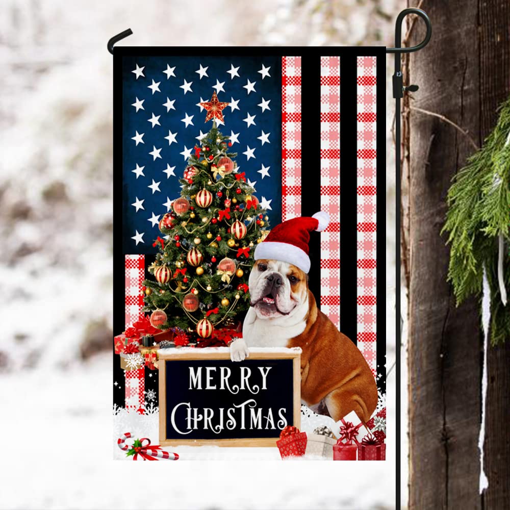 American Flag with Merry Christmas English Bulldog Design - 12x18x2.5 Inch Outdoor Garden Flag for Yard, House & Home Decoration - Perfect for Holiday Season, Front Porch & Seasonal Displays