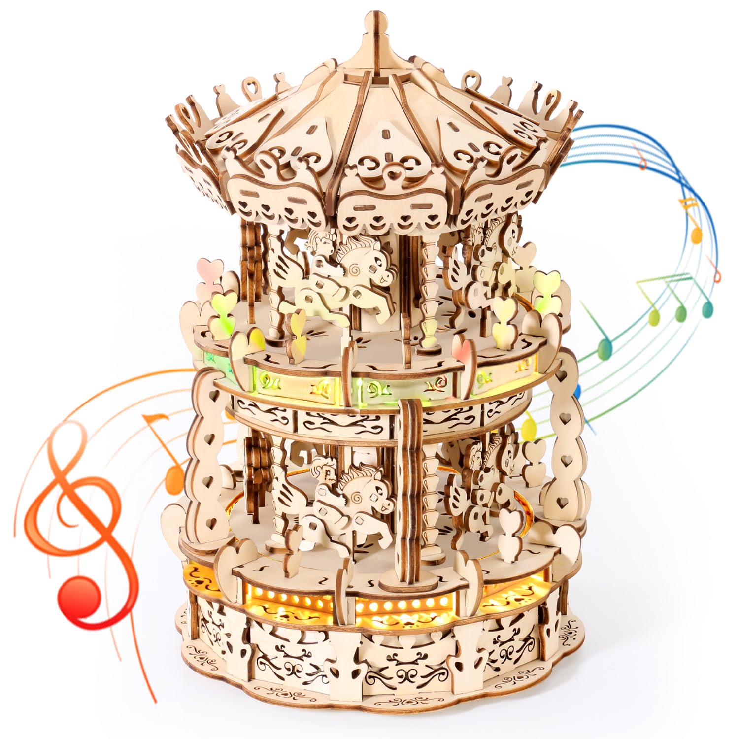 MIEBELY 3D Wooden Puzzle LED Carousel Music Box - DIY Craft Model Building Kit for Adults & Teens, Mechanical STEM Project, Christmas Gift for Kids Ages 8+, Desk Decor for Boys & Girls | Perfect for Home Decoration, Birthday Presents & Educational Activities
