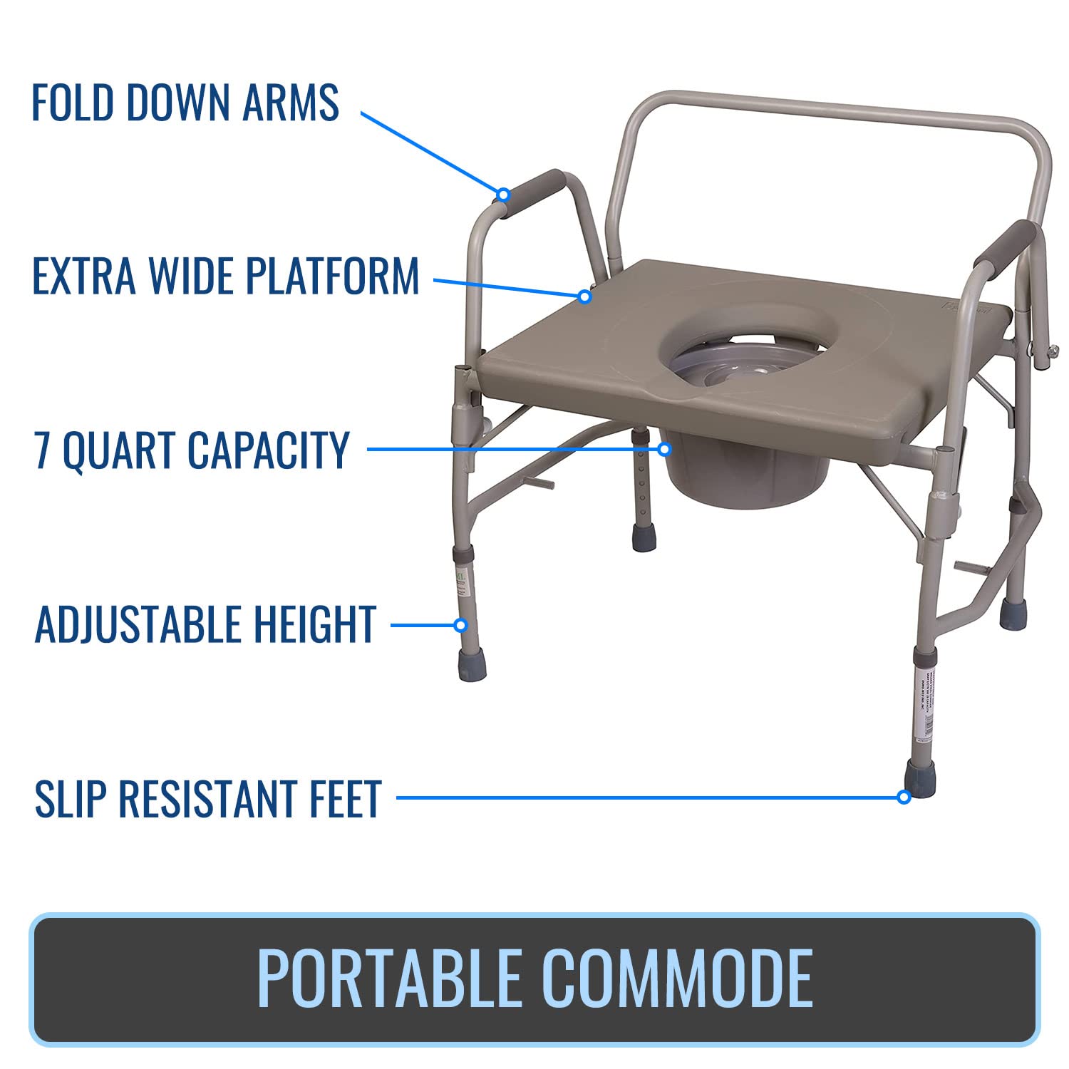 DMI Adjustable Bedside Commode Chair - Portable Toilet with Handles & 7 qt Bucket - 19-23 Inch Height - 500 lb Capacity - Extra Wide Seat for Elderly & Disabled - Ideal for Home Care, Post-Surgery & Mobility Assistance