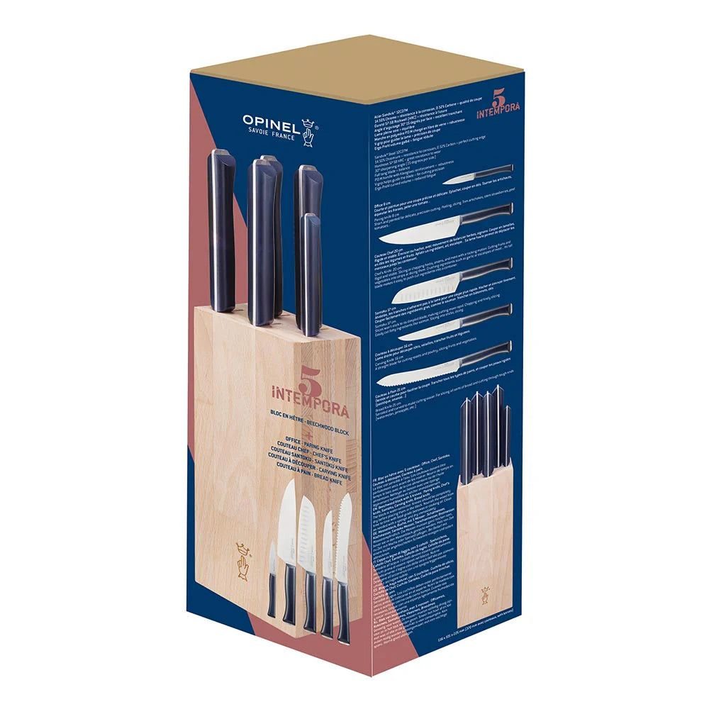 Opinel Intempora 5-Piece Knife Block Set - High Carbon Stainless Steel Kitchen Knives with Wooden Stand - Perfect for Home Cooking, BBQ, and Food Preparation