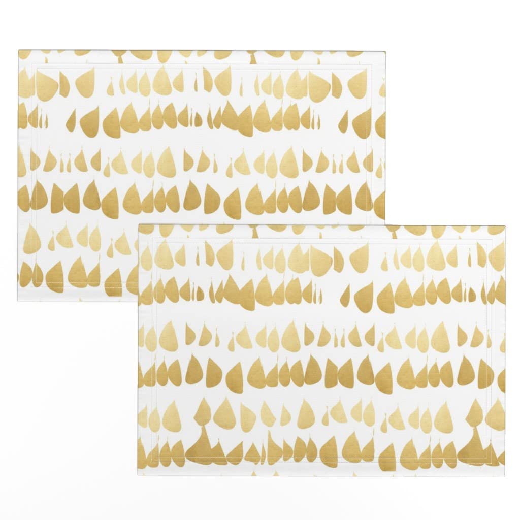 Premium Linen Cotton Canvas Placemats Set of 2 - Gold Dots White Print Washable Table Mats for Dining, Kitchen Decor & Party Settings