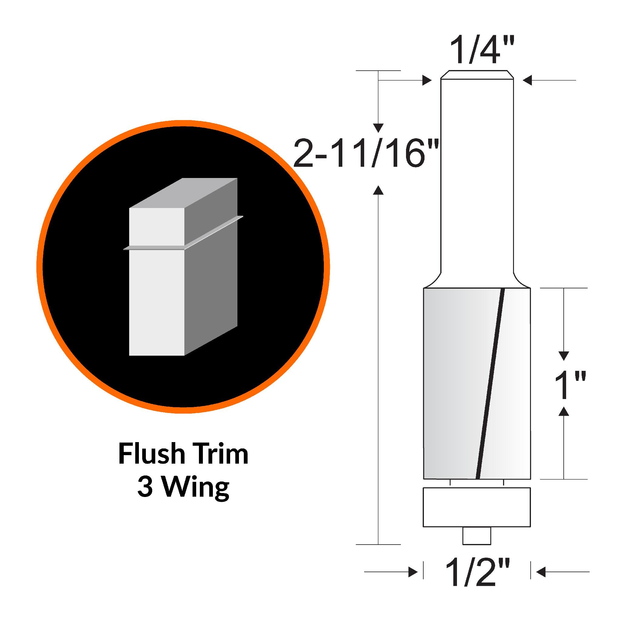 WEN RB501FW 1/2 Inch Flush Trim 3 Wing Carbide Tipped Router Bit with 1/4 Inch Shank - Perfect for Woodworking, Cabinet Making, and DIY Projects