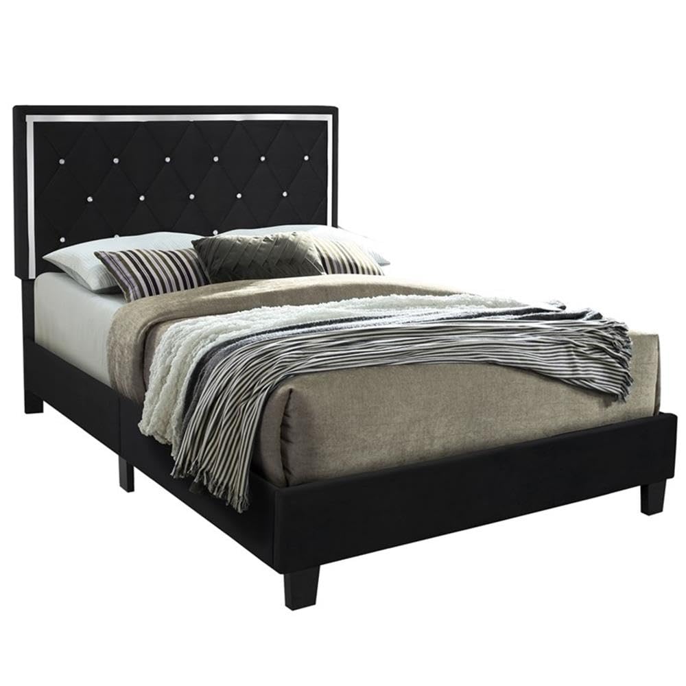 Pemberly Row Modern Velvet Upholstered Queen Size Platform Bed Frame - Black Luxury Bedroom Furniture for Master Bedroom & Guest Room