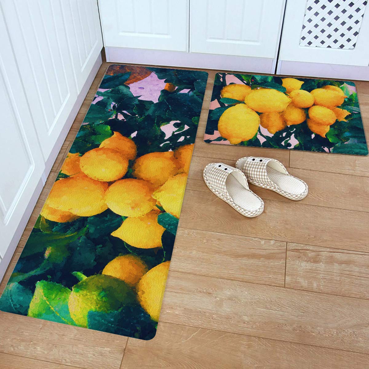 Premium Non-Slip PVC Waterproof Kitchen Rug Set - Cushioned Anti-Fatigue Floor Mat with Yellow Lemon & Green Leaves Oil Painting Design for Kitchen, Laundry & Standing Work Areas - Durable Leather-Like Comfort Mat for Home & Office Use
