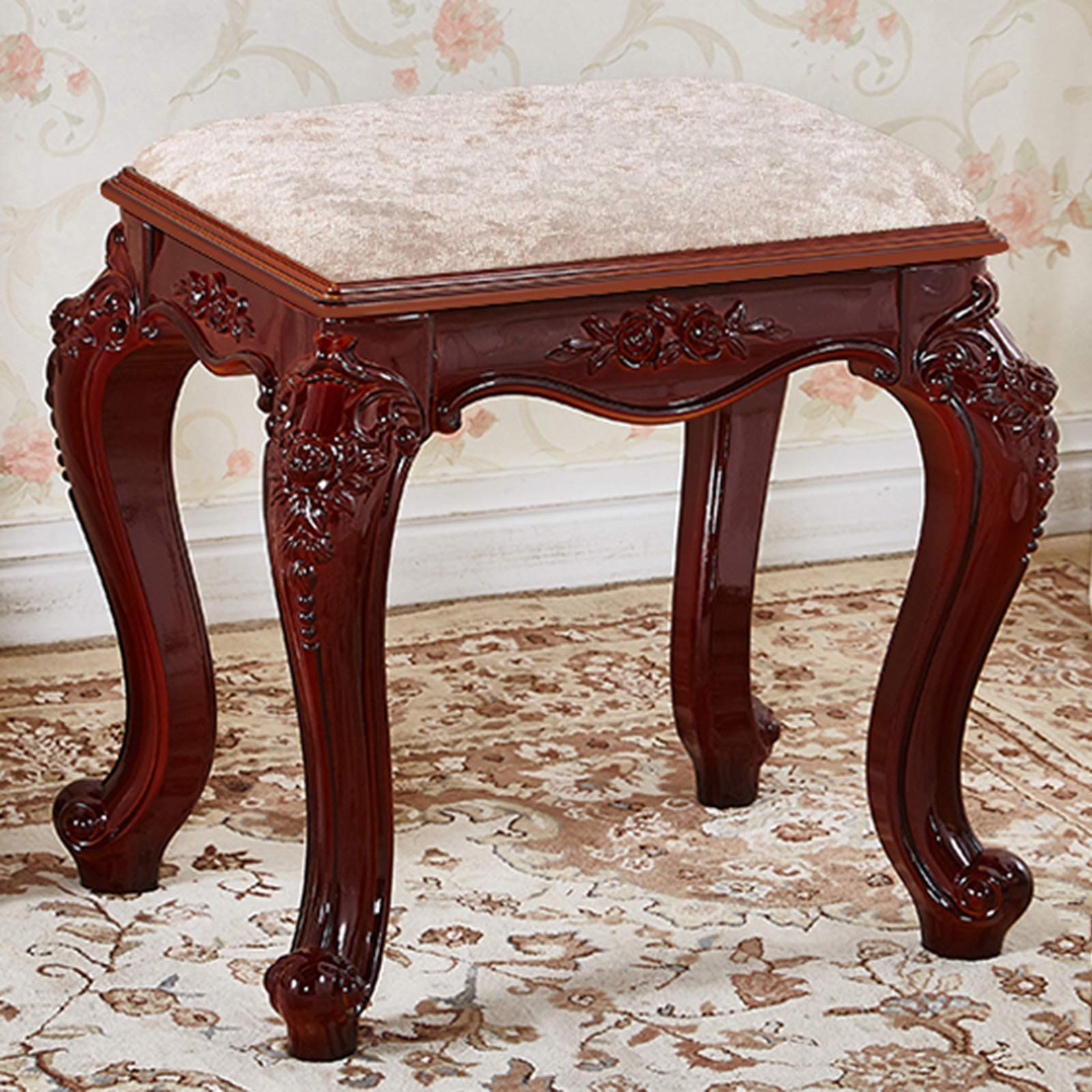 Vintage Carved Upholstered Boudoir Stool - Backless Vanity Stool & Sofa Bench with Burnished ABS Wood Plastic Frame in Antique Brown | Perfect for Dressing Room, Bedroom Decor, and Living Room Footrest