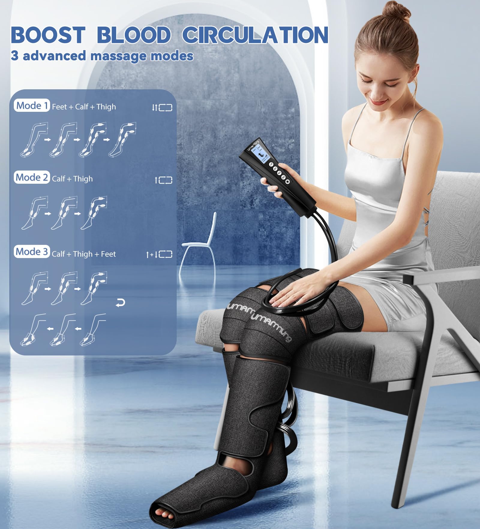 Air Compression Leg Massager with Heat - Best Gift for Christmas, Mother's Day & Father's Day - Relieves Foot & Knee Pain, Varicose Veins, Cramps, Swelling - Perfect for Home, Office & Post-Workout Recovery