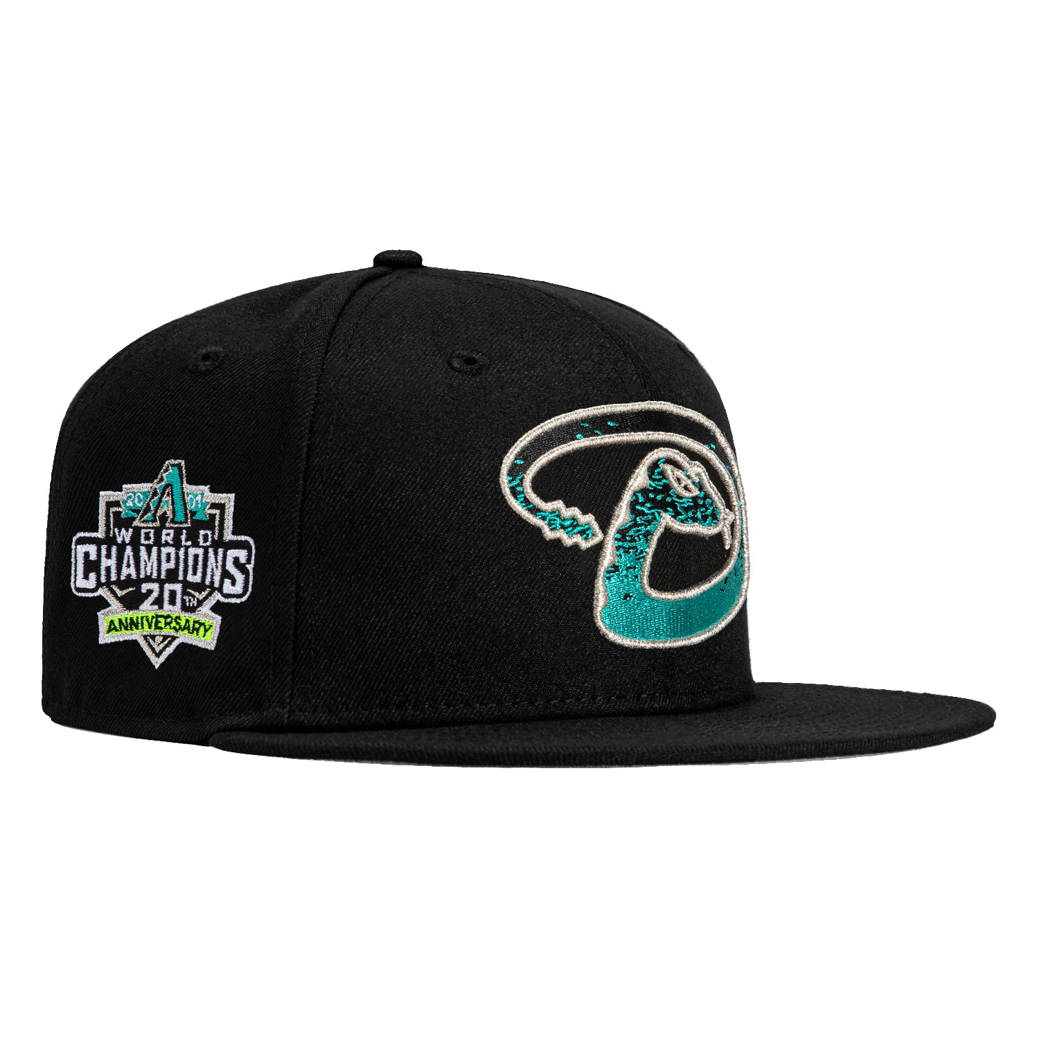 New Era 59Fifty Aqua Arizona Diamondbacks 20th Anniversary Champions Patch Hat - Black & Teal Snapback Baseball Cap for Men | MLB Fan Gear, Sports Events & Casual Wear