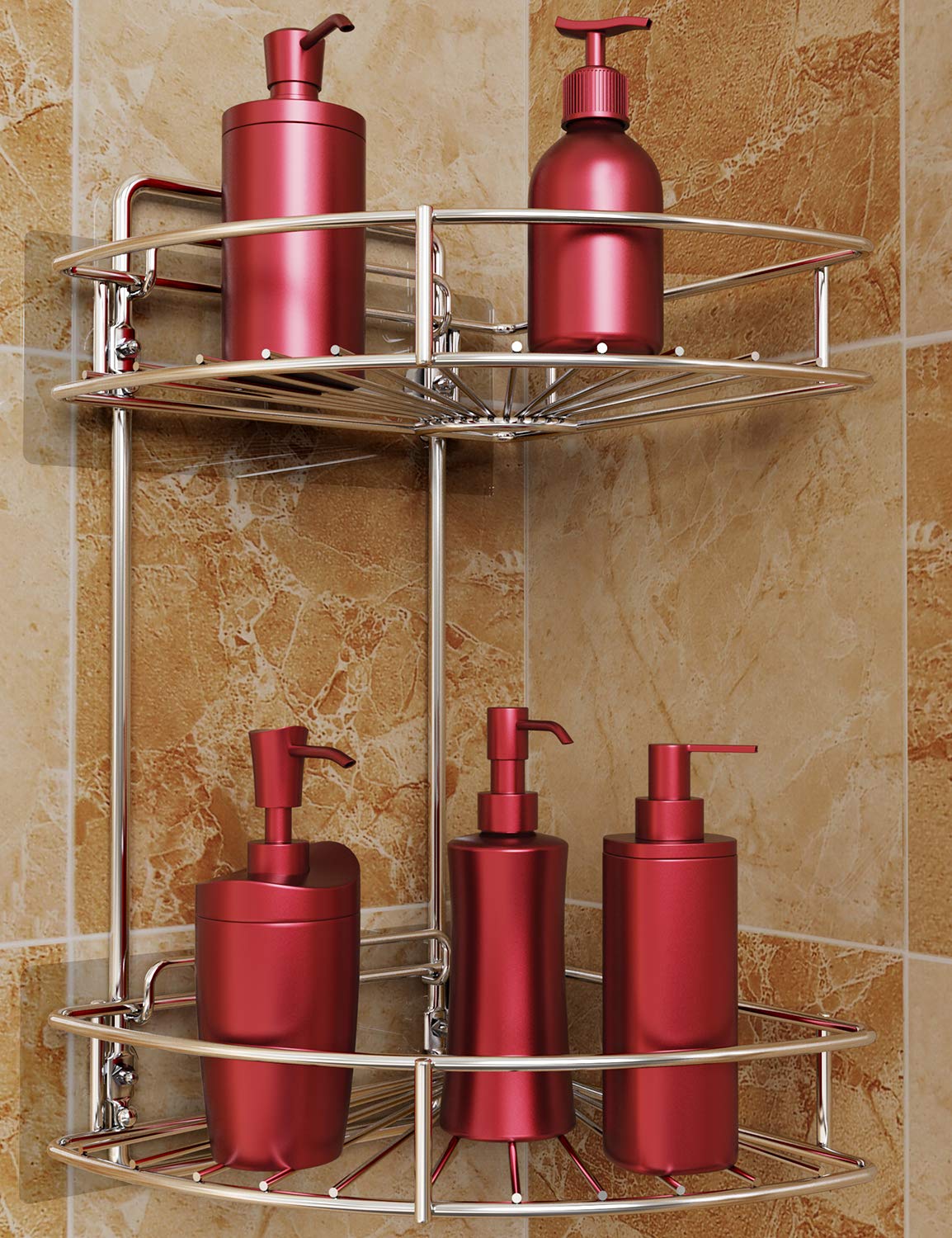 2-Tier Stainless Steel Corner Shower Caddy - Rustproof Wall Mounted Shower Shelf Organizer for Bathroom - No Drill Installation with Adhesive or Screws - Perfect for Small Showers & Tight Spaces (Silver)