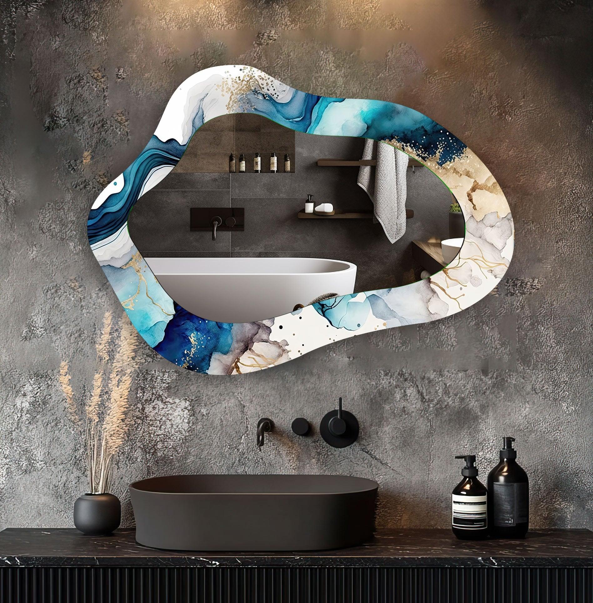 Blue Alcohol Ink Abstract Wall Mirror - Handmade Modern Home Decor for Living Room, Bedroom, or Bathroom