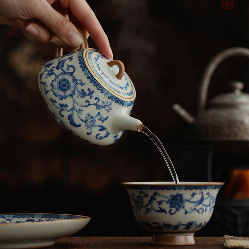 Exquisite Chinese Blue and White Ruyao Shi Piao Teapot - Handcrafted Ceramic Teapot for Tea Lovers | Perfect for Home, Office, and Gift Giving