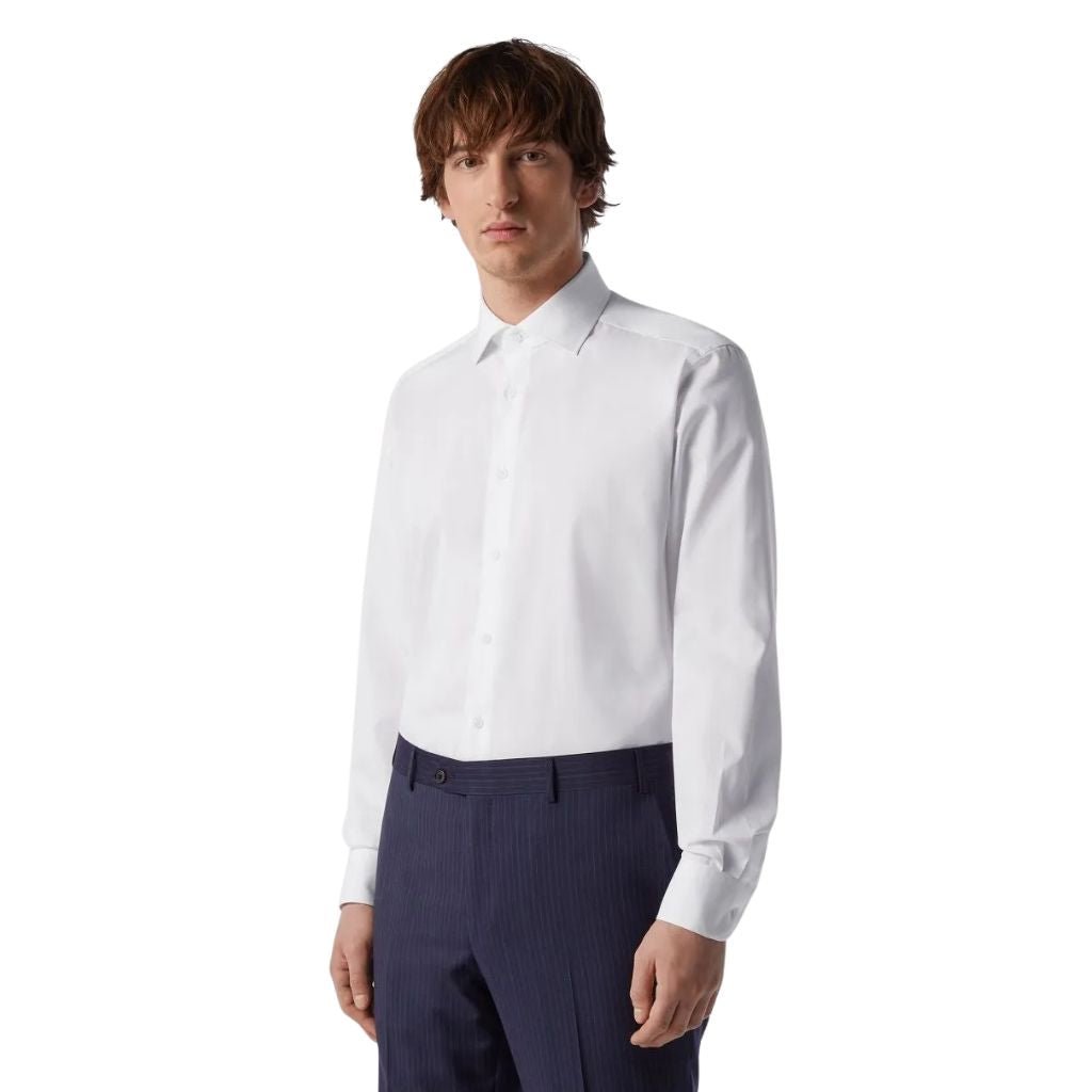 Corneliani Wrinkle Free Twill Shirt for Men - Premium White Dress Shirt for Business & Casual Wear - Office, Wedding & Special Occasion Outfits