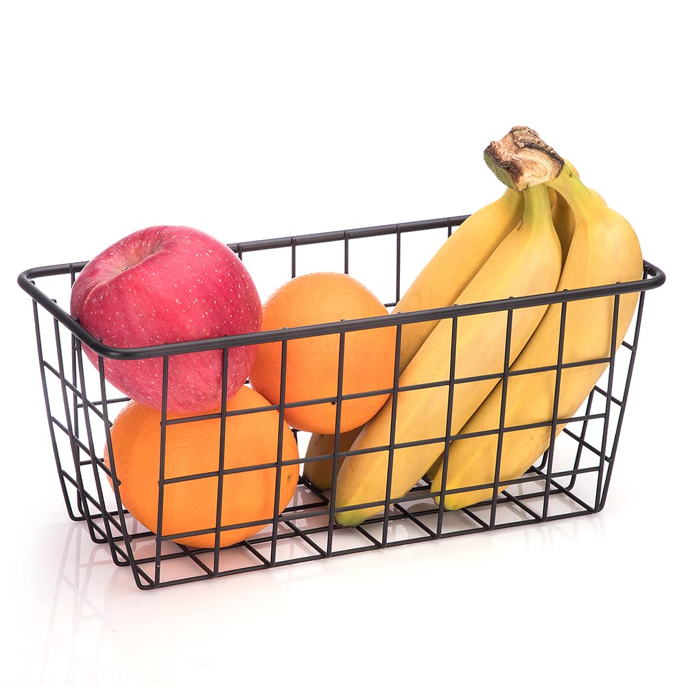 Hanging Kitchen Baskets - Adhesive Sturdy Wire Storage Baskets for Food Pantry, Bathroom, and Shelf Organization - No Drilling Wall Mounted, Black, 4 Pack - Perfect for Small Spaces and Clutter-Free Living
