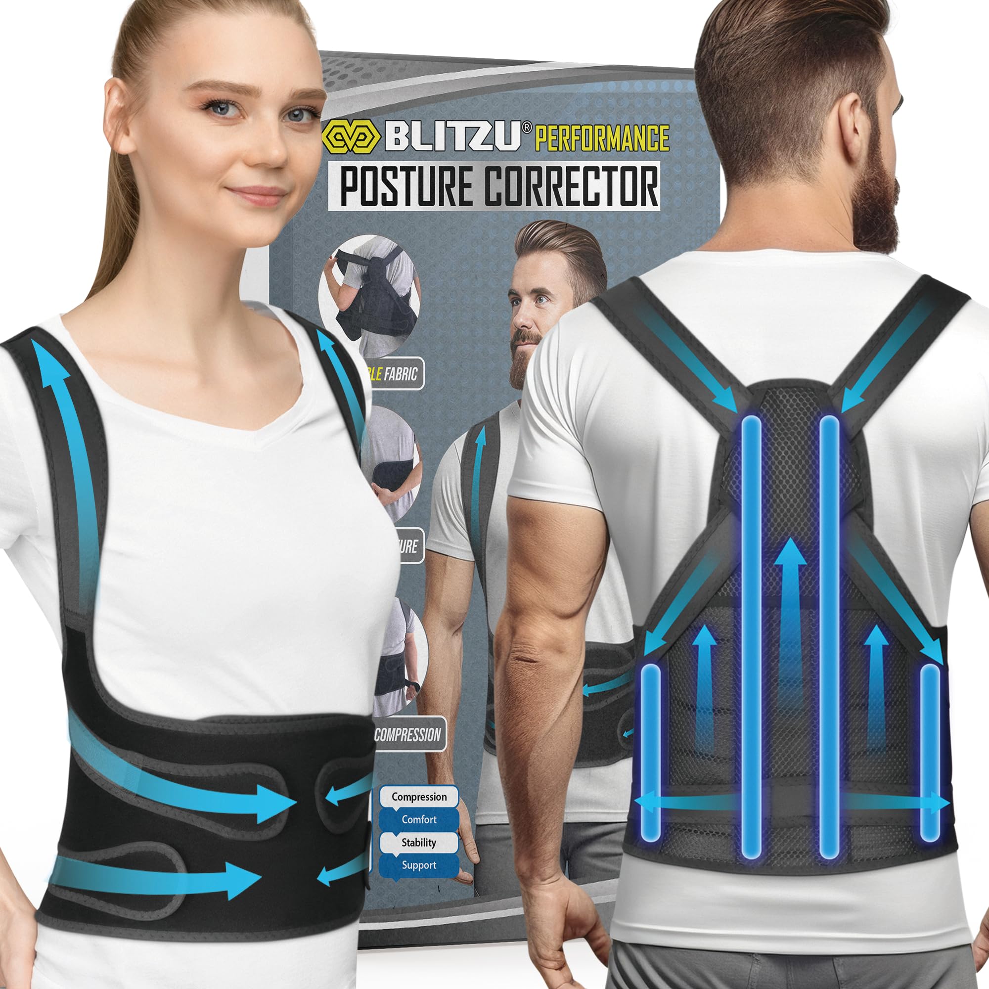 BLITZU Adjustable Posture Corrector for Women & Men - Back Brace & Spine Support for Scoliosis, Hunchback, Neck & Back Pain Relief - Posture Trainer & Straightener - Perfect for Office Work, Gaming & Daily Comfort