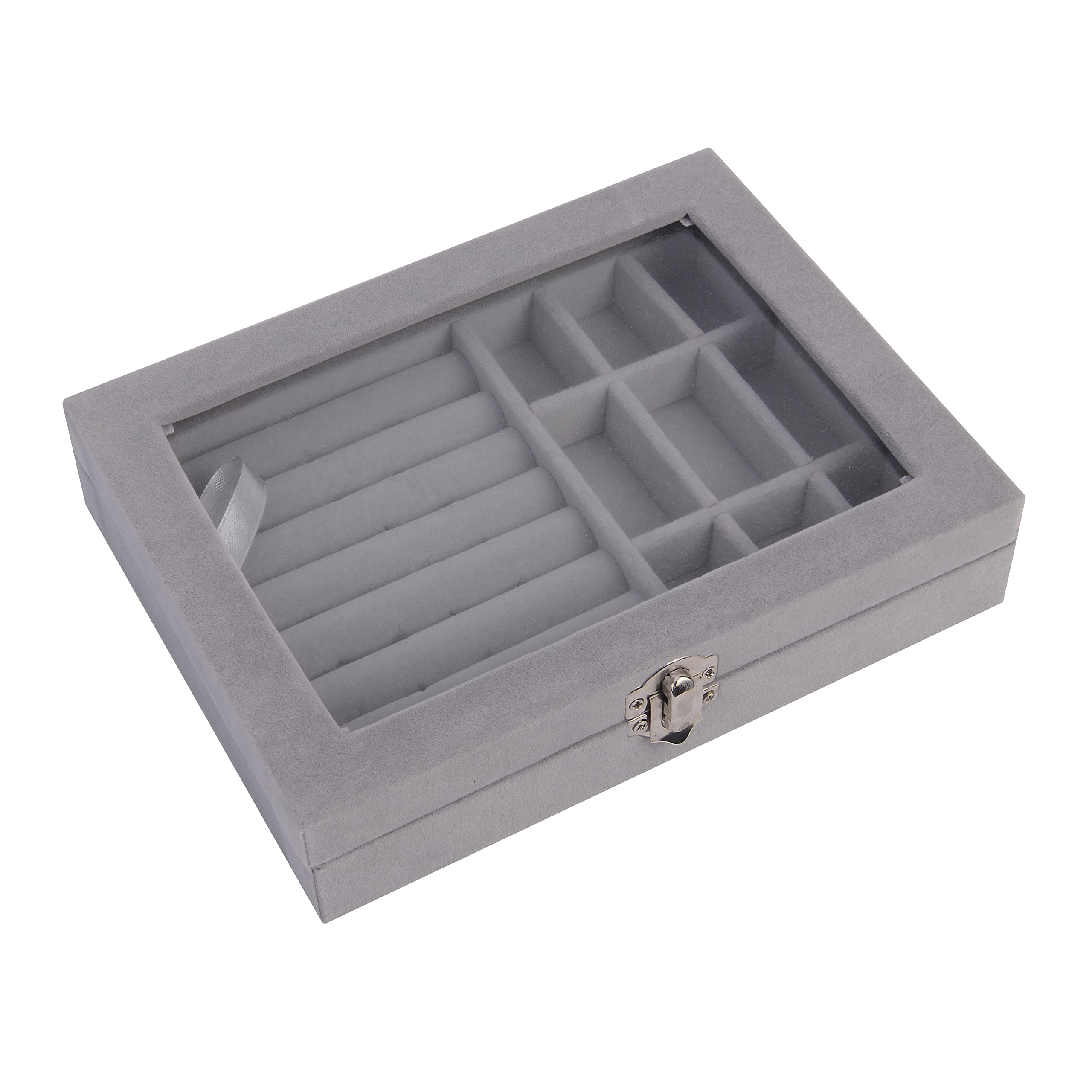 Elegant Jewelry Box for Women & Girls - Glass Top Ring Earring Necklace Bracelet Watch Storage Case - Perfect for Gifts, Travel & Home Organization (Grey)