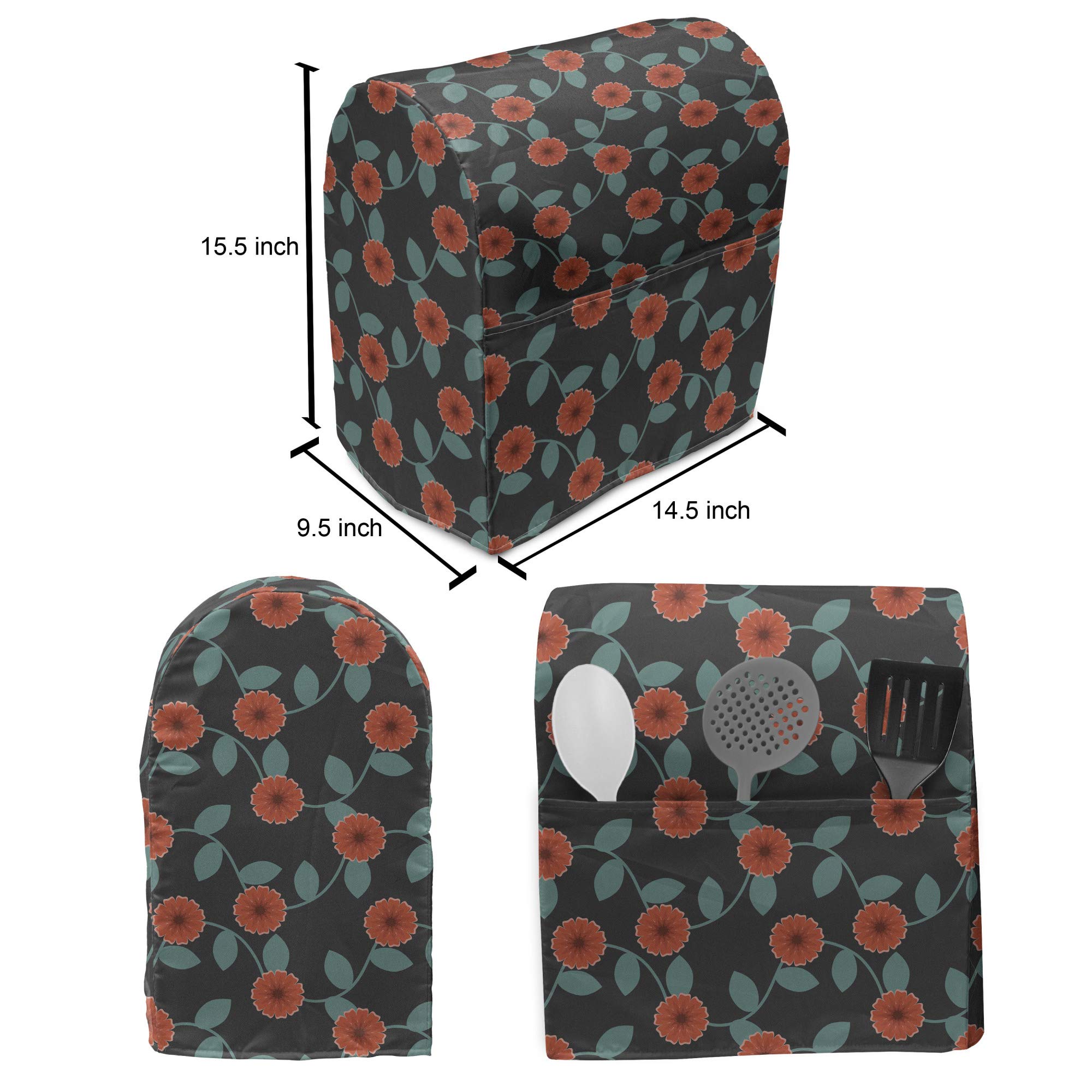 Ambesonne 6-8 Quart Stand Mixer Cover with Pocket - Dark Backdrop Leafy Stems Foliage Design, Charcoal Grey Vermilion Kitchen Appliance Organizer | Perfect for Baking Enthusiasts & Kitchen Organization