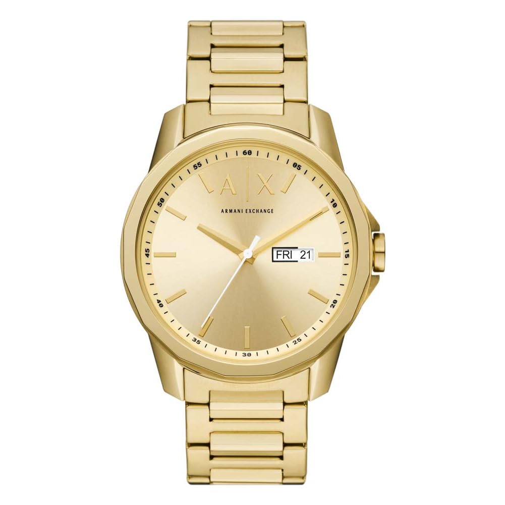 Armani Exchange Men's Watch AX1734 - 44MM Gold Recycled Stainless Steel Case (50% Recycled), Stainless Steel Band, Three-Hand Movement | Perfect for Business, Casual Wear & Gift Giving