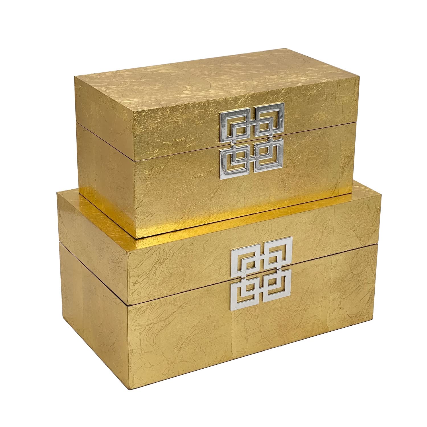 Galt International Wooden Storage Box Set with Hinged Lid - Classic Decorative Storage Box with Geometric Clasp for Bedroom, Living Room & Home Organization - Set of 2 (Gold Leaf) - Perfect for Jewelry, Keepsakes & Home Decor Display