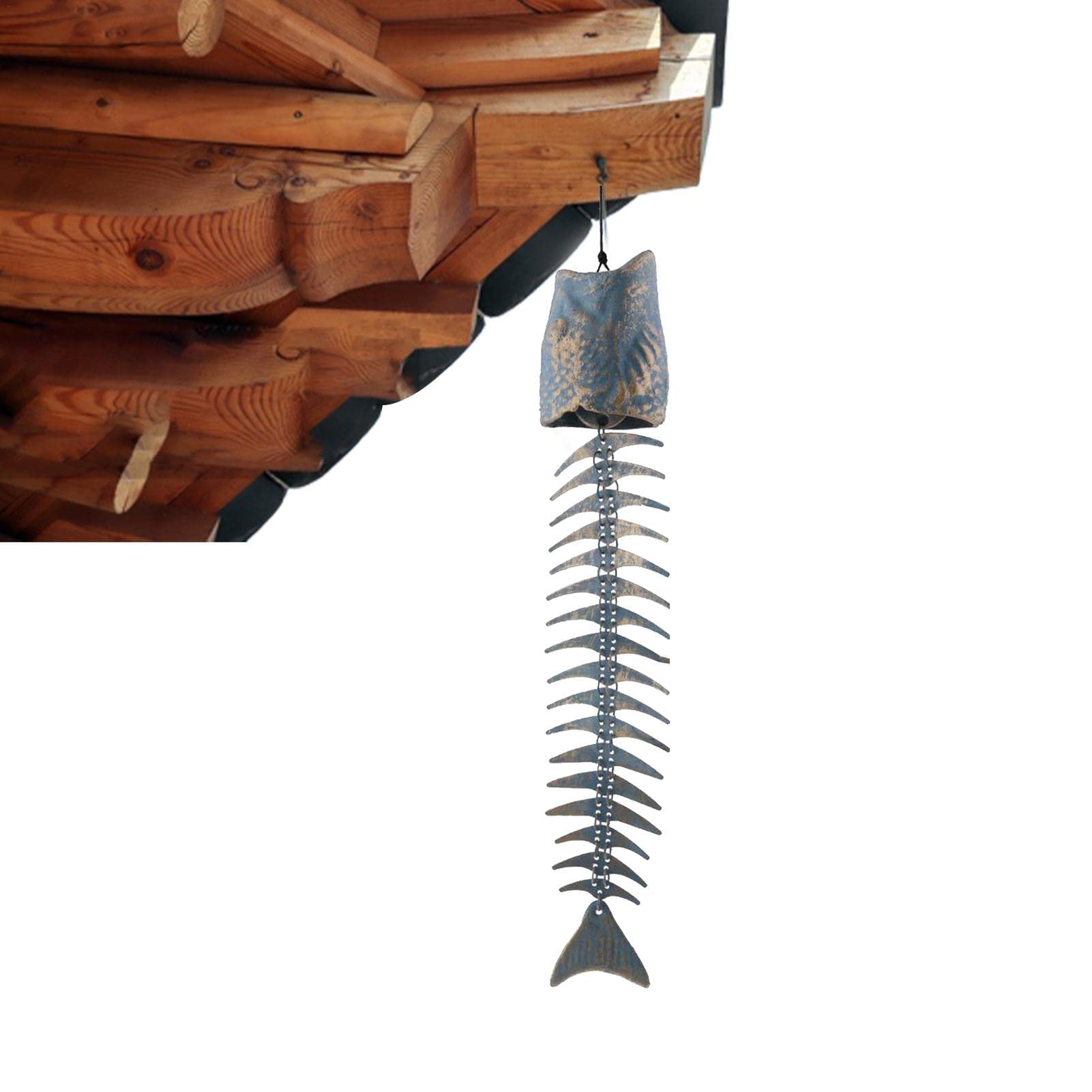 Cast Iron Metal Fish Wind Chime with Bronze Skeleton Bells - Outdoor Garden Decor for Porch, Patio & Courtyard | Relaxing Wind Chimes for Meditation & Stress Relief