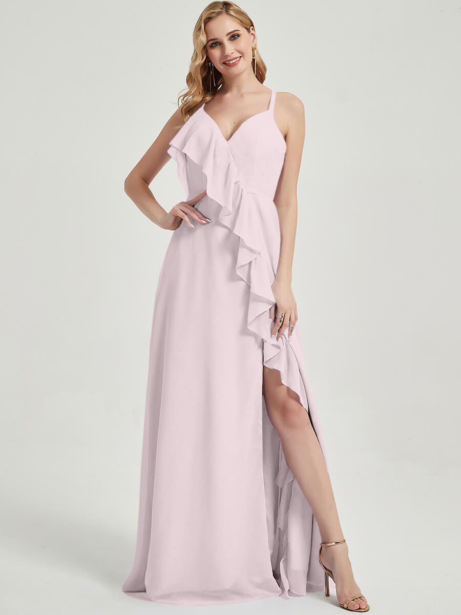 Elegant Criss Cross Straps Ruffles Slit Chiffon Maxi Bridesmaid Dress in Pale Rose - Perfect for Weddings, Prom & Formal Events