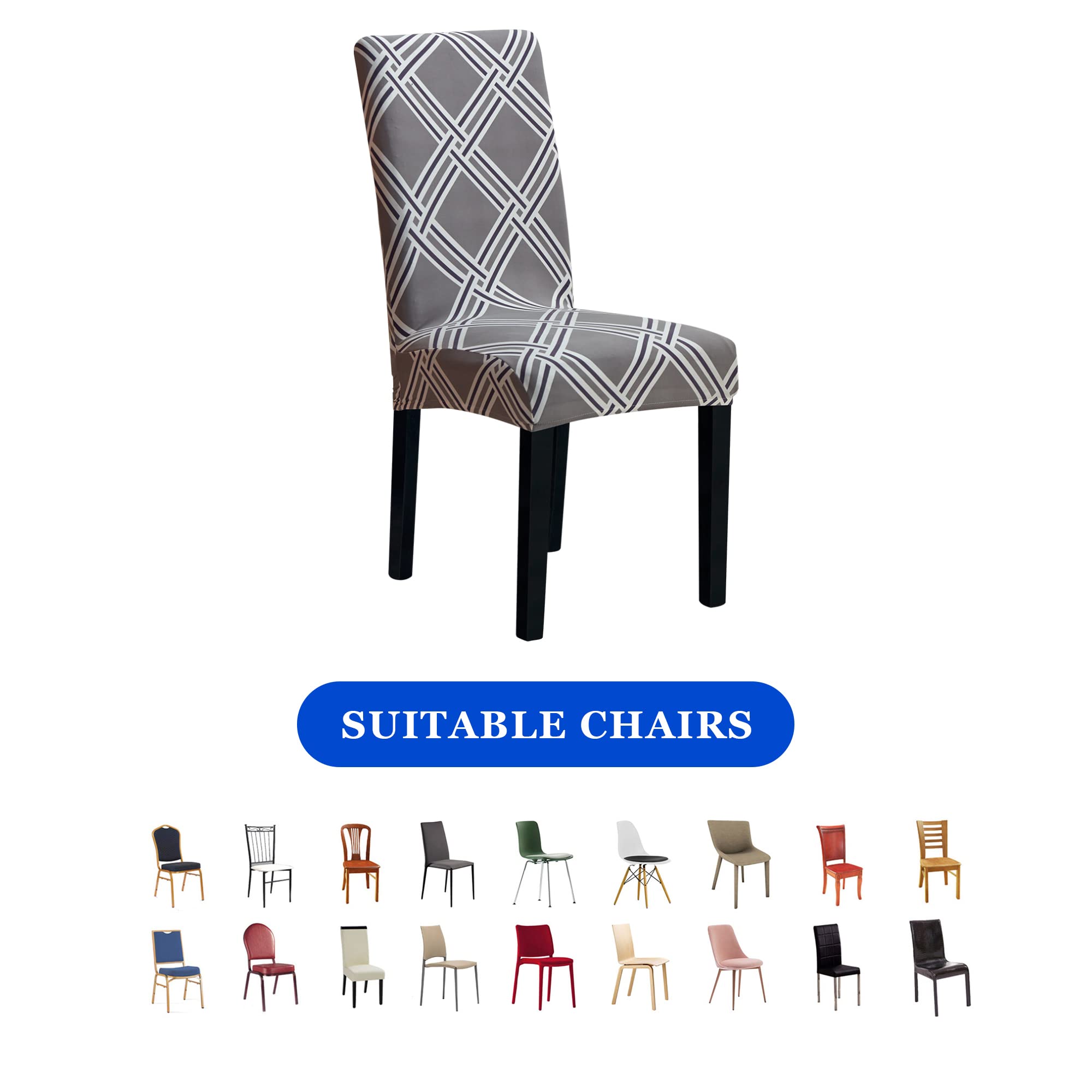 Stretchable Spandex Dining Chair Covers Set of 4 - Gray Diamond Pattern Slipcovers for Kitchen, Parsons & Dining Room Chairs | Washable Chair Protectors for Home, Restaurant & Office Use