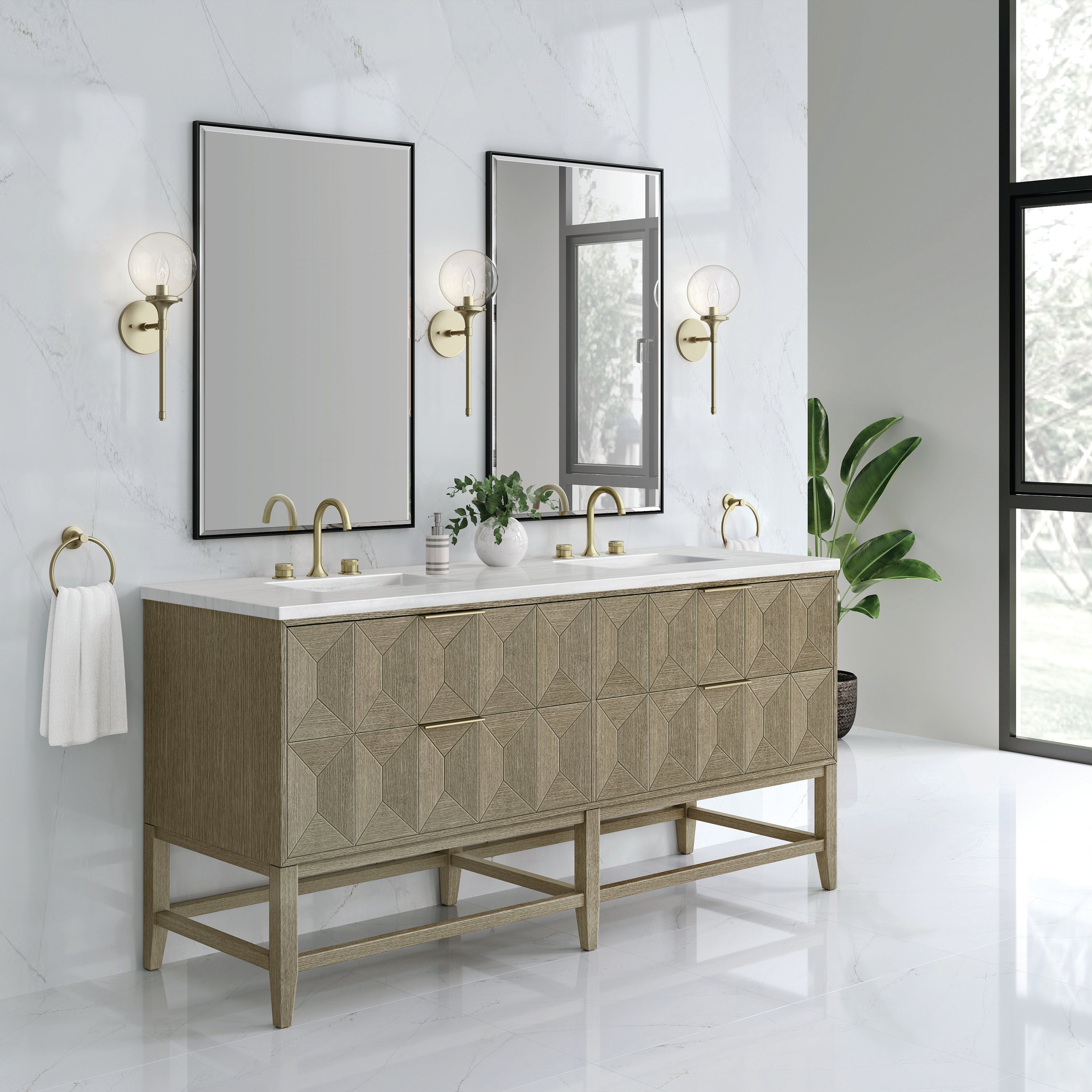 Emmeline 72 Inch Double Bathroom Vanity with Pebble Oak Finish & 3CM Arctic Fall Quartz Top - Perfect for Master Bathroom Renovation & Modern Home Decor