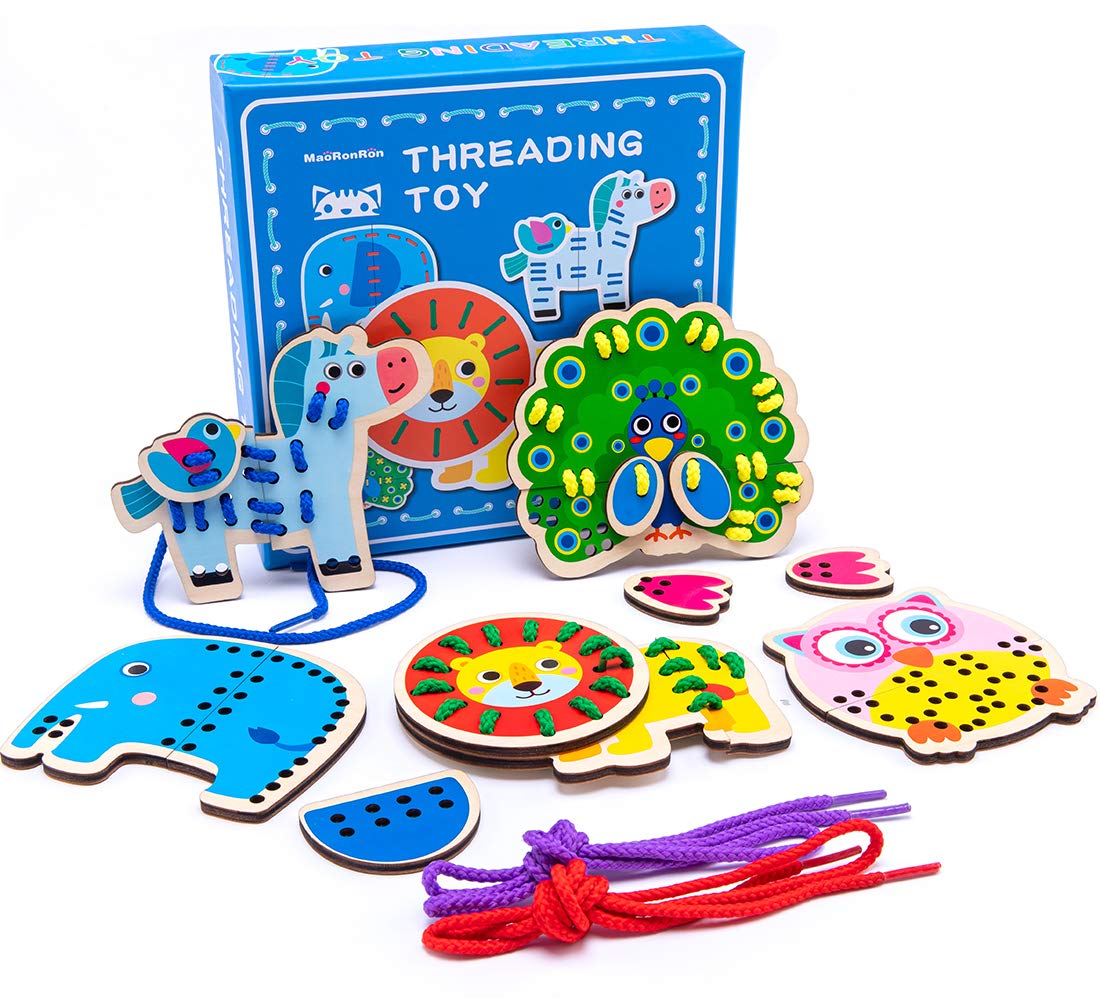 Promise Babe 5 Pack Animal Lacing Cards - Wooden Threading Puzzle Toys for Toddlers, Montessori Fine Motor Skills Learning, Preschool Educational Toys - Perfect for Home & Classroom Early Childhood Development Activities