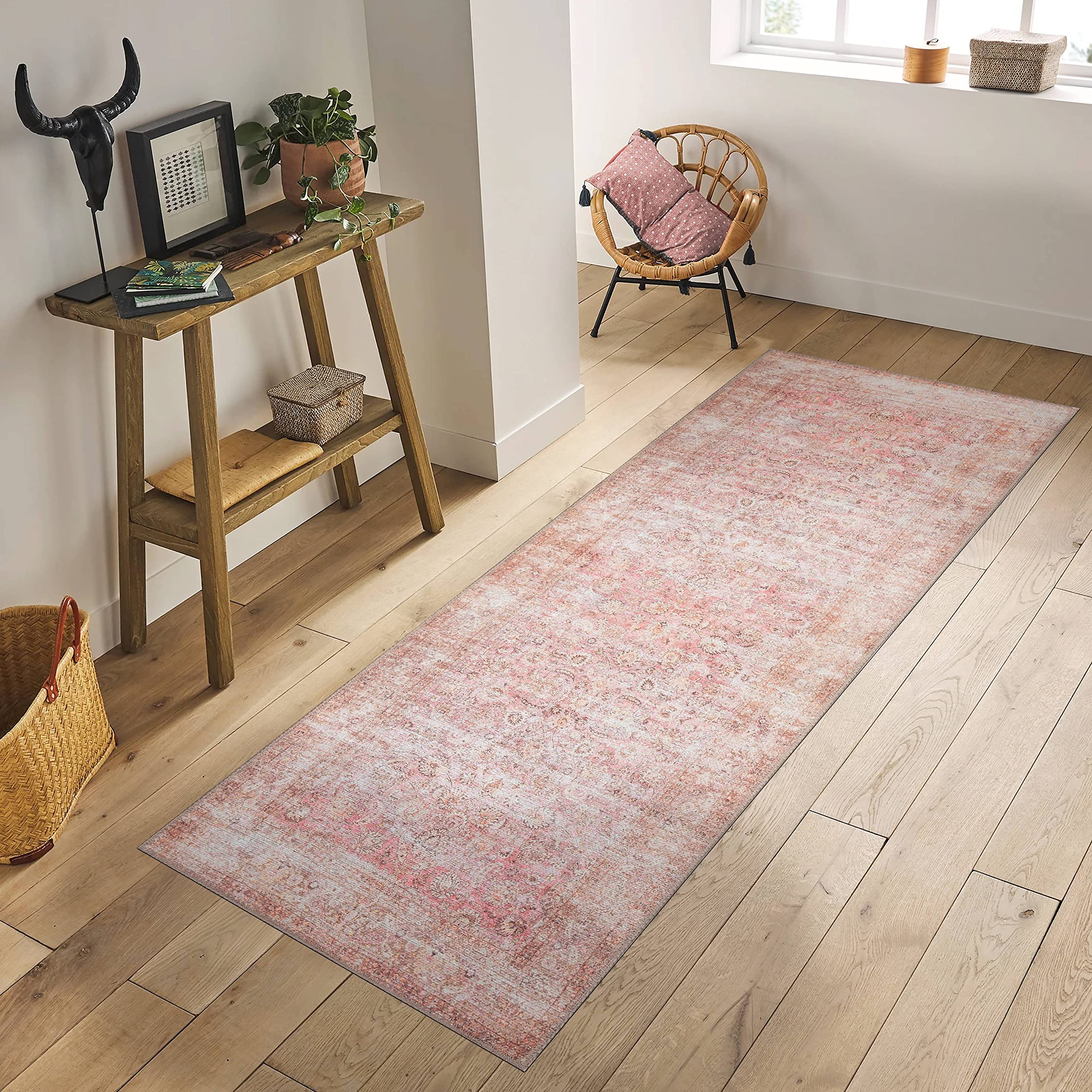 Adiva Washable Area Rug - Non-Slip Waterproof Runner Rug for Living Room, Bedroom, Hallway - Machine Washable & Easy to Clean - Home Decor Floor Mat (Pink, 2'6