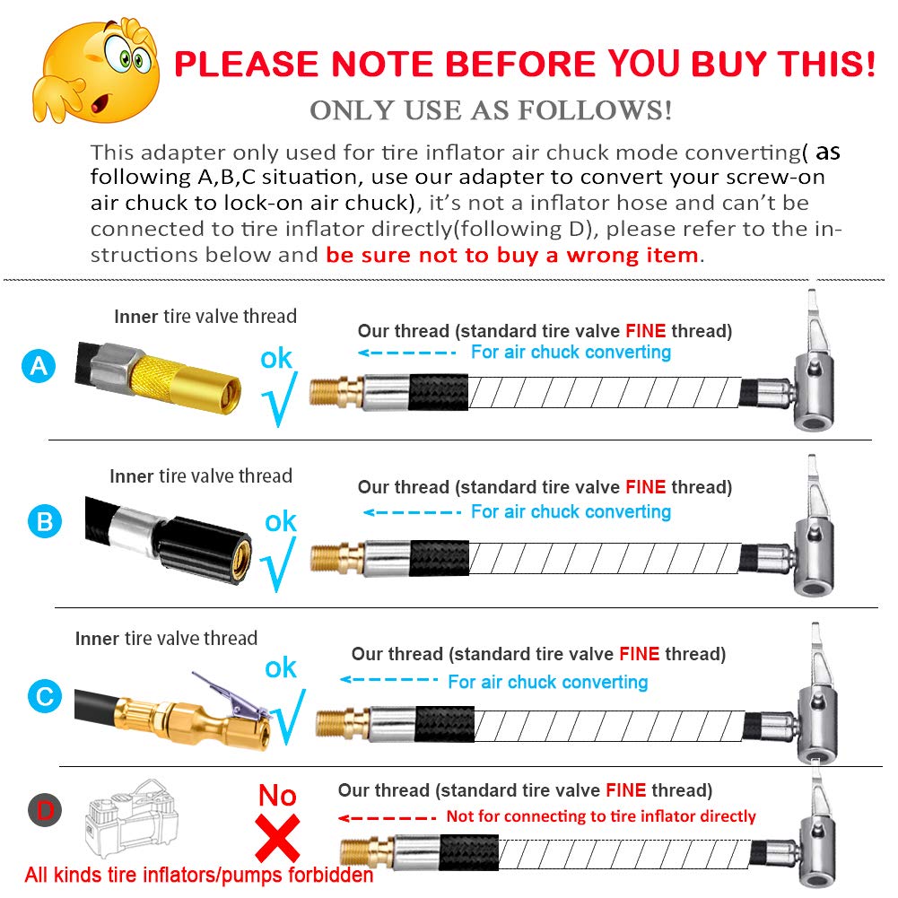 2 PCS Locking Air Chuck with Air Hose & Standard Tire Valve Fine Thread - Heavy Duty Air Inflator Hose Adapter for Twist to Lock On Connection - Perfect for Car Tires, Bikes, ATVs and Inflatable Toys