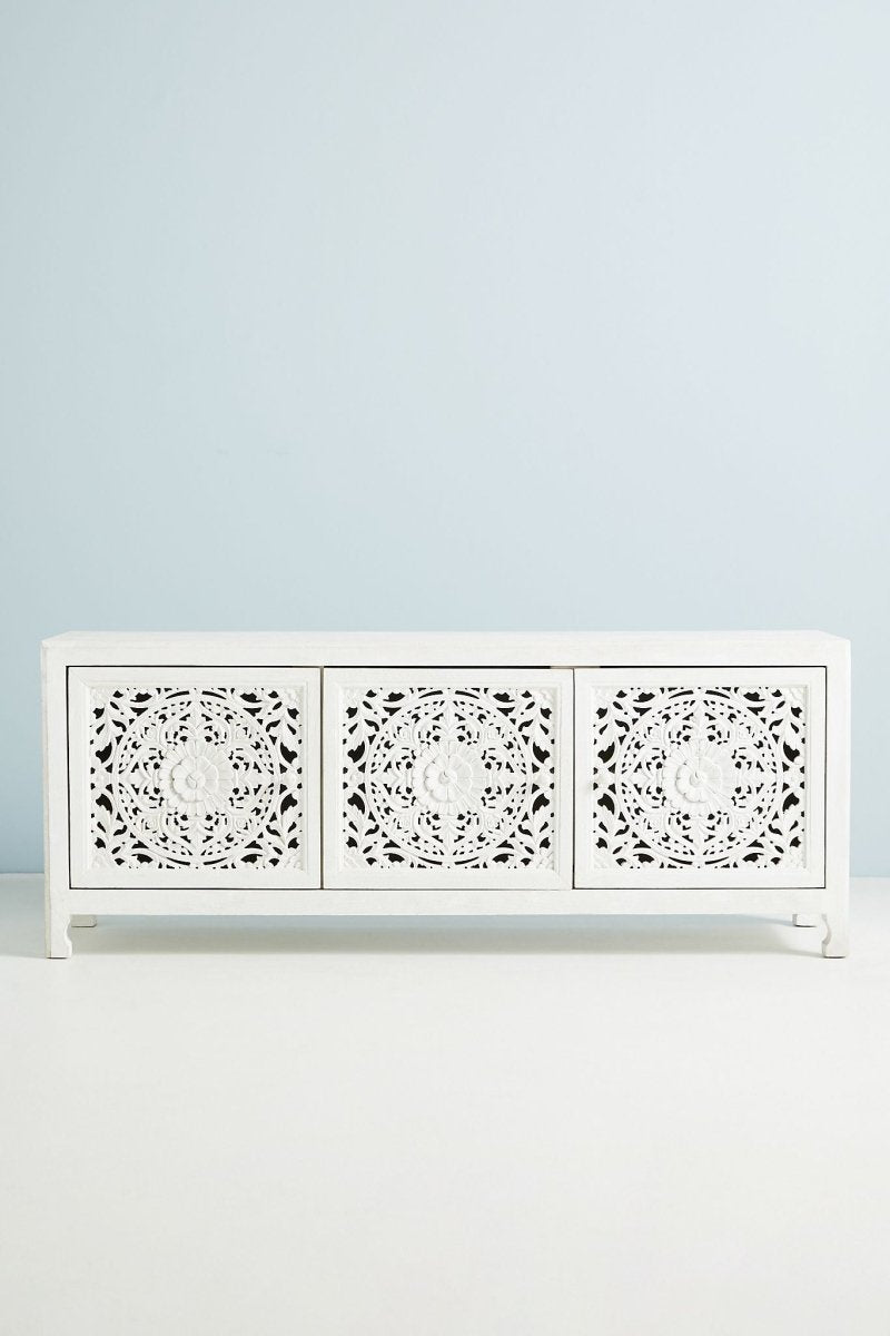 Hand Carved Lombok Media Console in White | Solid Wood Entertainment Center for Living Room, TV Stand with Storage Shelf, Modern Farmhouse Furniture for Home Decor