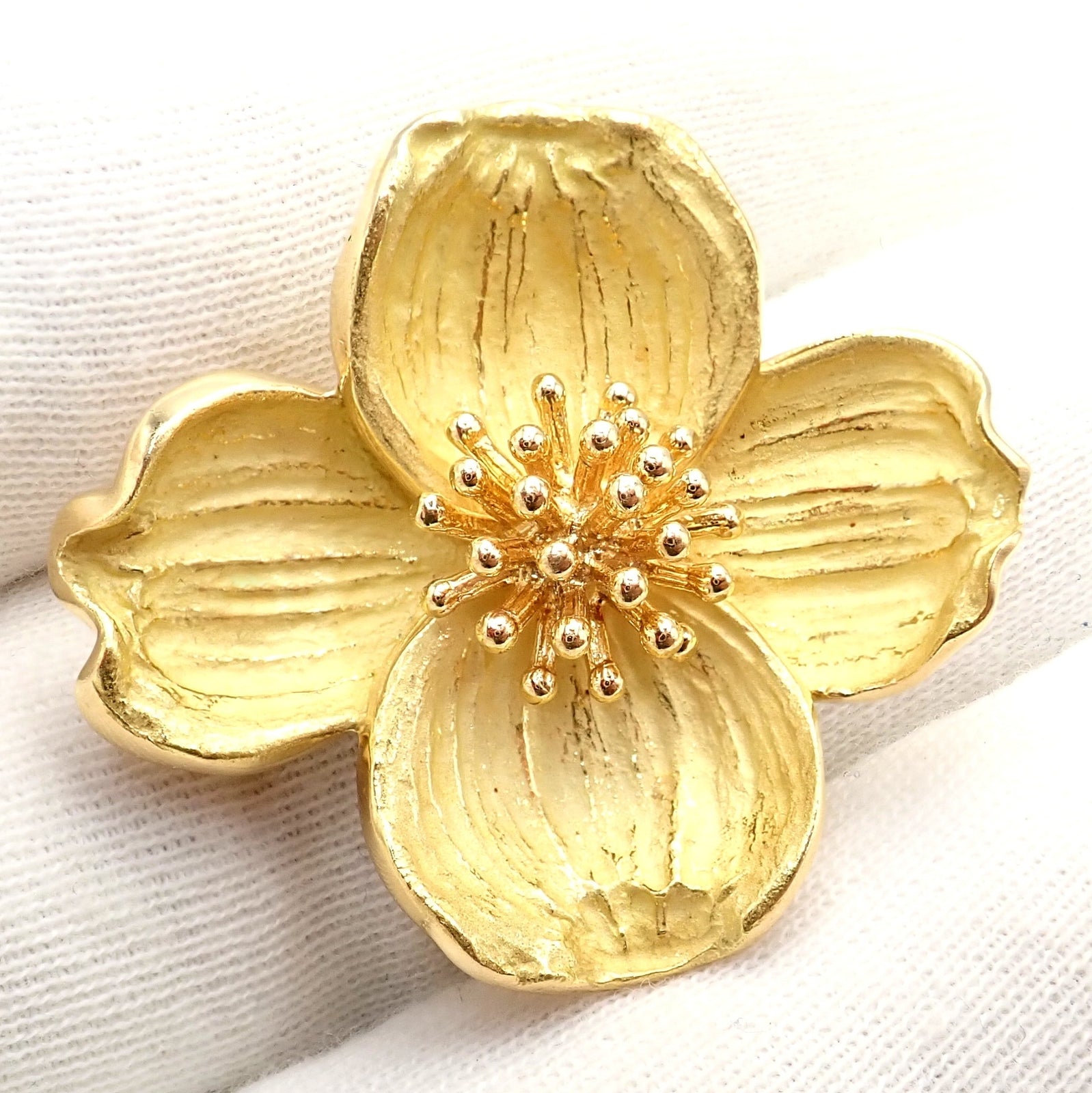 Authentic Tiffany & Co. 18k Yellow Gold Dogwood Flower Pin Brooch - Elegant Jewelry Gift for Women, Perfect for Weddings, Anniversaries & Special Occasions