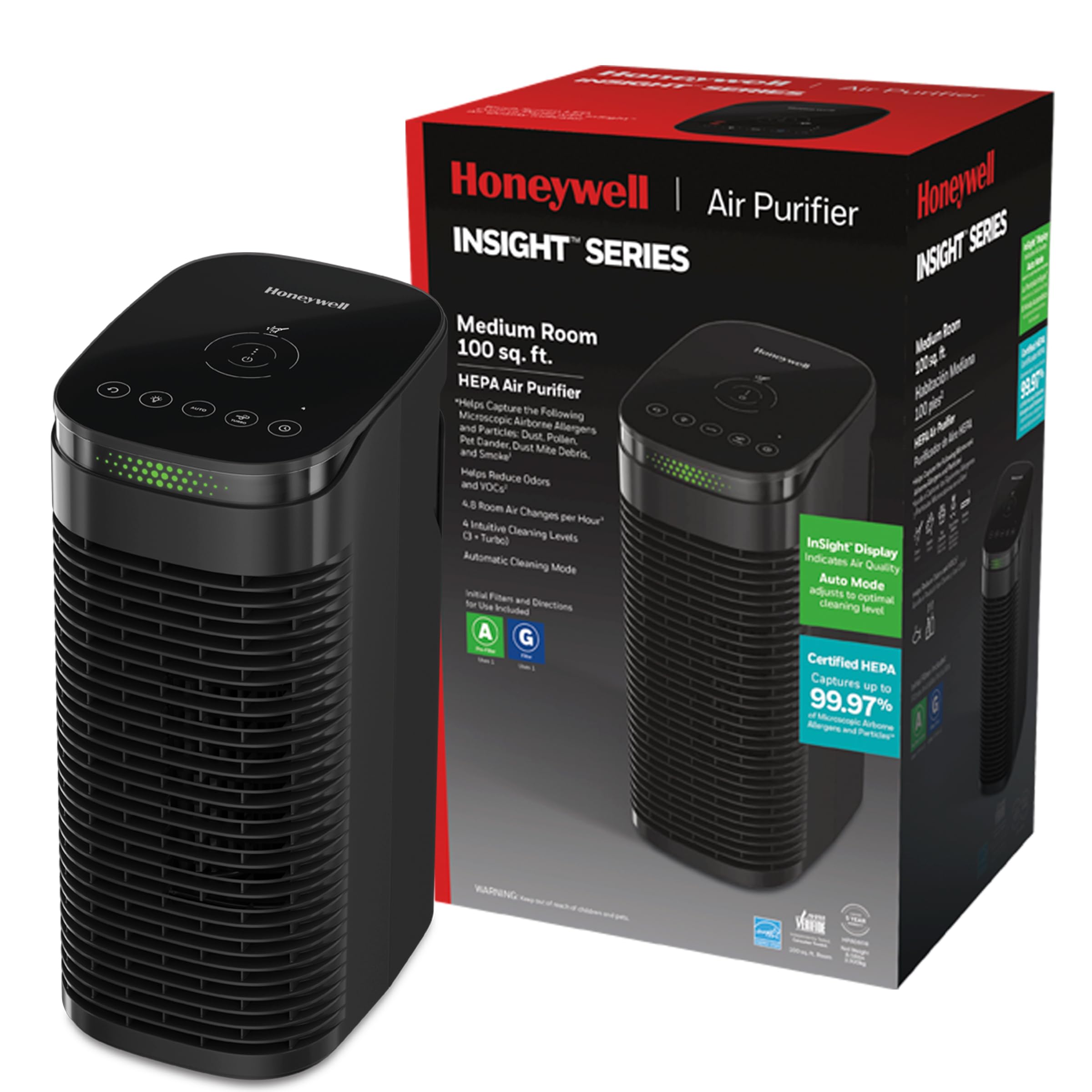 Honeywell InSight HEPA Air Purifier for Medium Rooms up to 100 sq ft - Removes Wildfire Smoke, Pollen, Pet Dander & Dust - with Air Quality Sensor & Auto Mode - Black (HPA080) - Perfect for Bedrooms, Offices and Allergy Relief