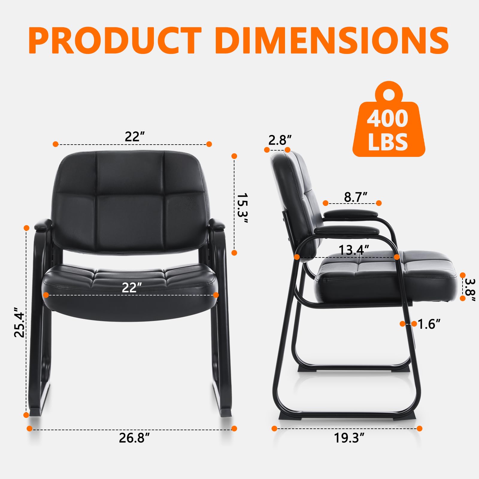 CLATINA Big & Tall Office Chair - Bonded Leather Padded Armrests & Sled Base - Waiting Room Guest Chair for Reception Lobby, Conference Desk & Home Office - Ergonomic Comfort for Professionals - Black