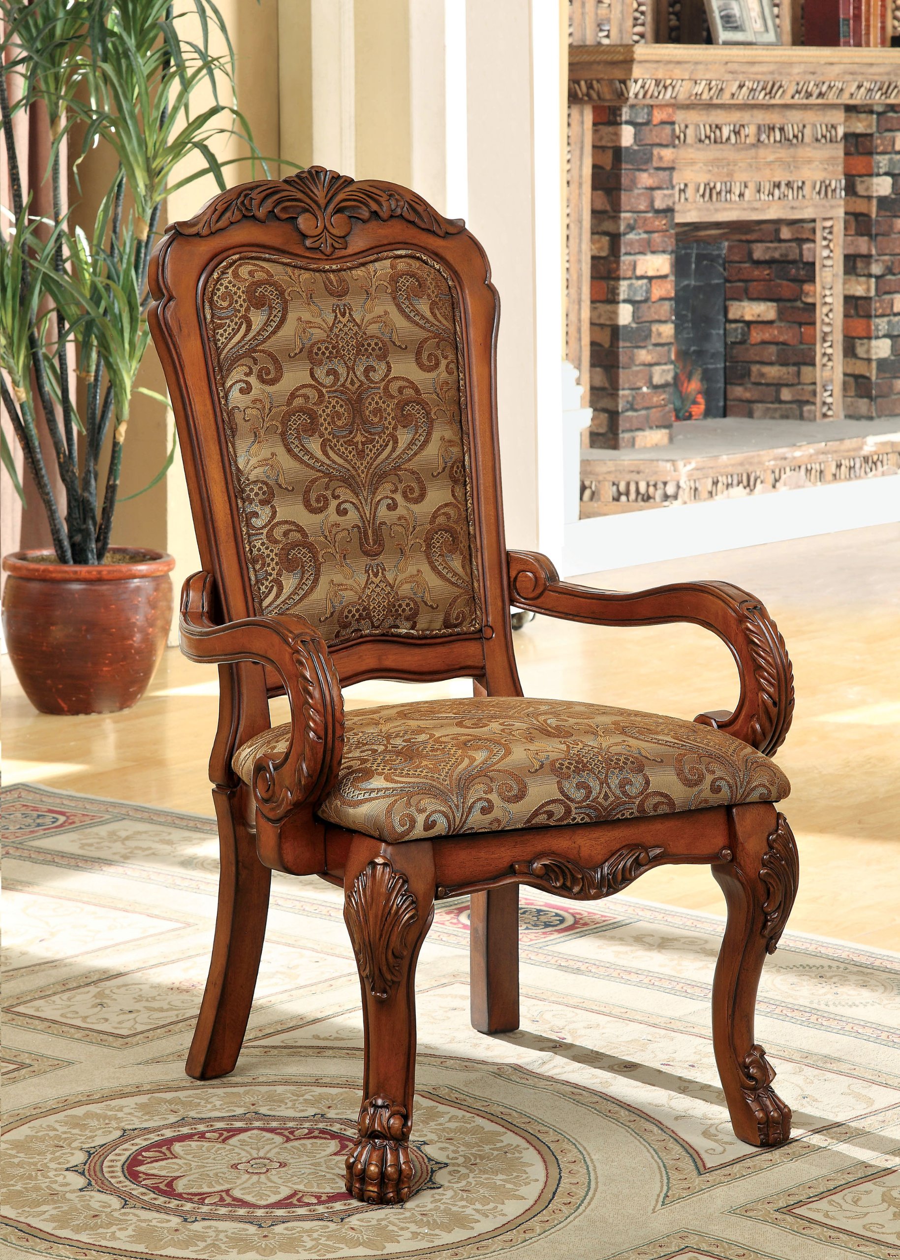 Furniture of America Victoria Fabric Upholstered Arm Chair - Antique Oak Finish Living Room Accent Chair for Home Office & Reading Nook