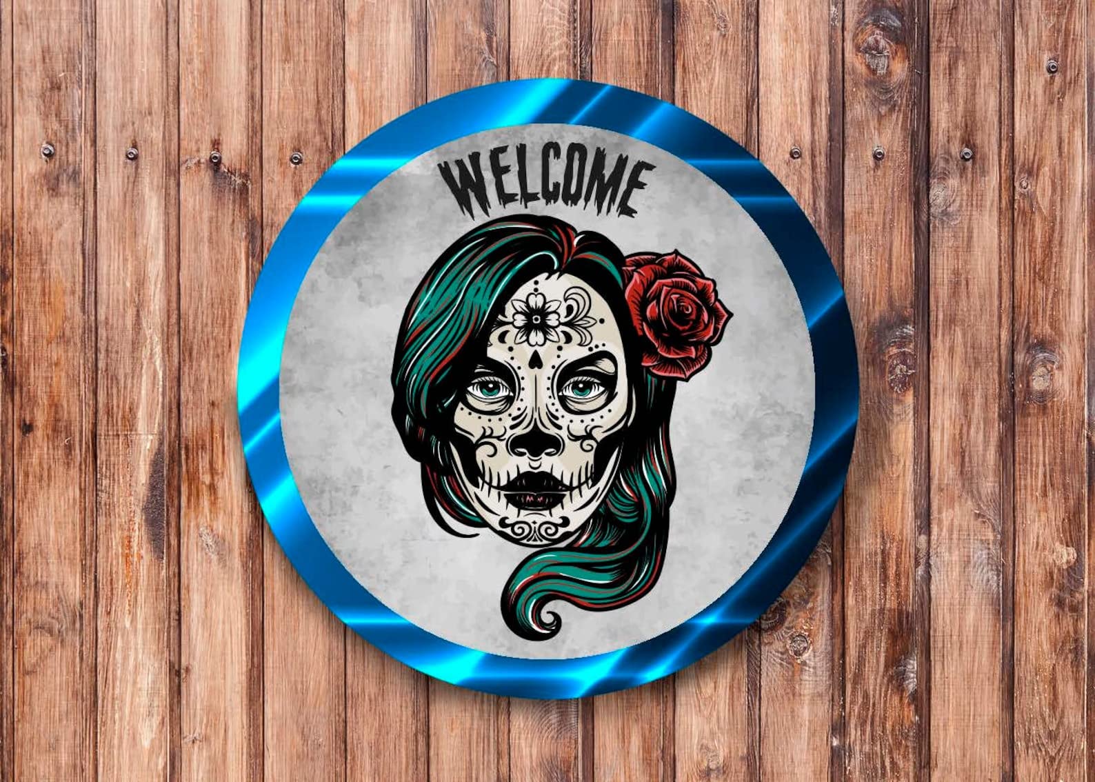 Welcome Sugar Skull Wreath Sign - Halloween Decorations & Gifts, 12x12 Inch Wooden Wall Art for Home, Farmhouse, Porch, and Door - Perfect for Dia de los Muertos Celebrations and Spooky Seasonal Displays