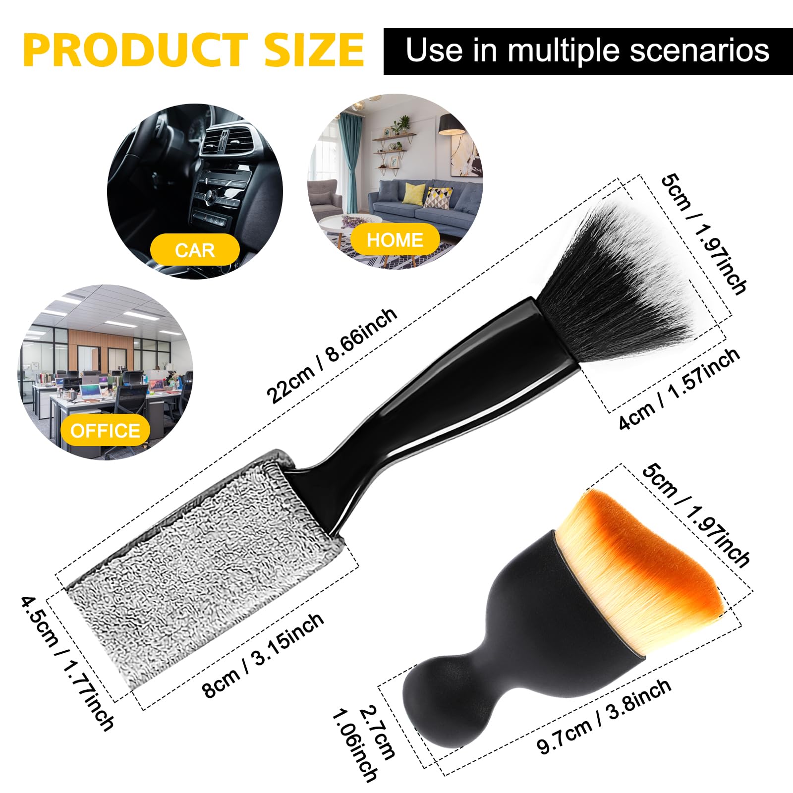 3-Piece Car Interior Dust Brush Set - Soft Bristle Detailing Brushes for Dashboard, Vents & Panels - Includes 1 Double Head Black Brush & 2 Interior Cleaning Brushes - Perfect for Car Detailing & Auto Interior Maintenance