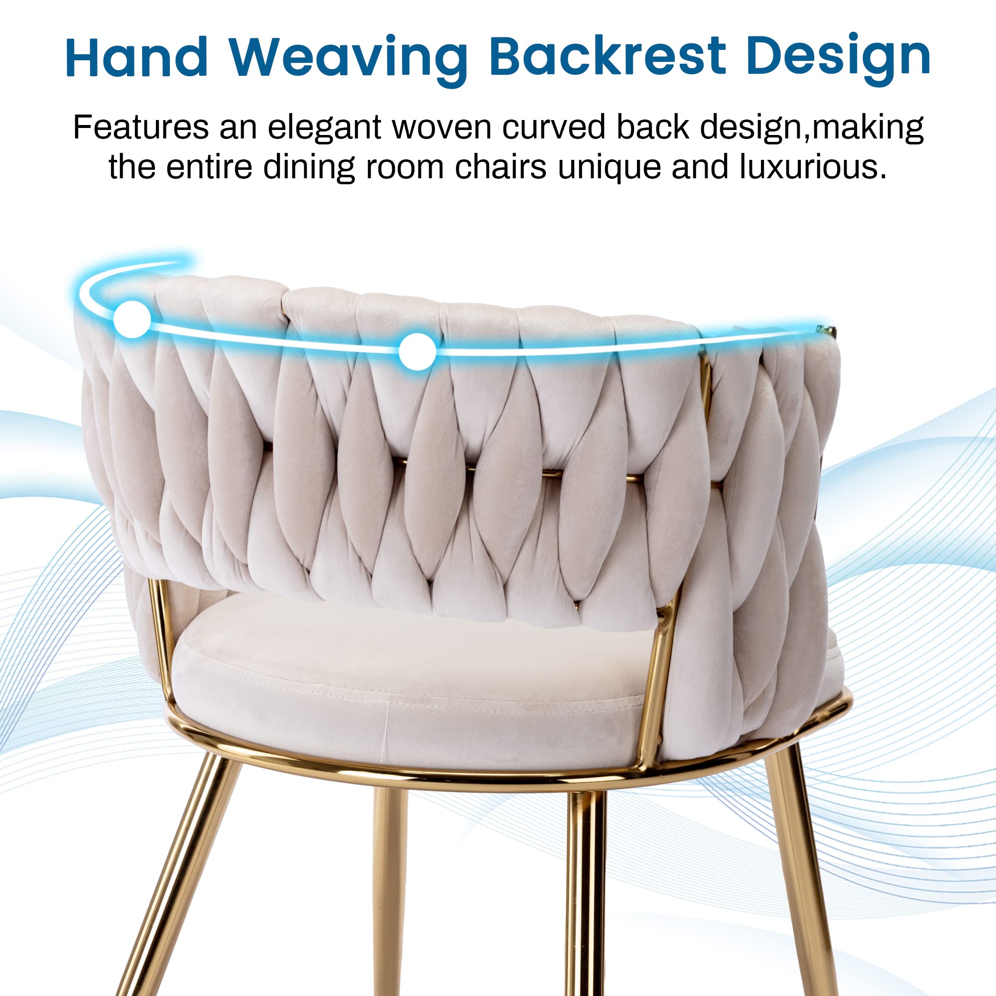 KCC Modern Velvet Dining Chairs Set of 4 - Upholstered Living Room Chairs with Woven Back & Gold Metal Legs - Mid Century Accent Side Chairs for Dining Room, Kitchen, Office - Soft Beige Velvet Fabric - Perfect for Home Decor, Entertaining Guests & Comfortable Seating