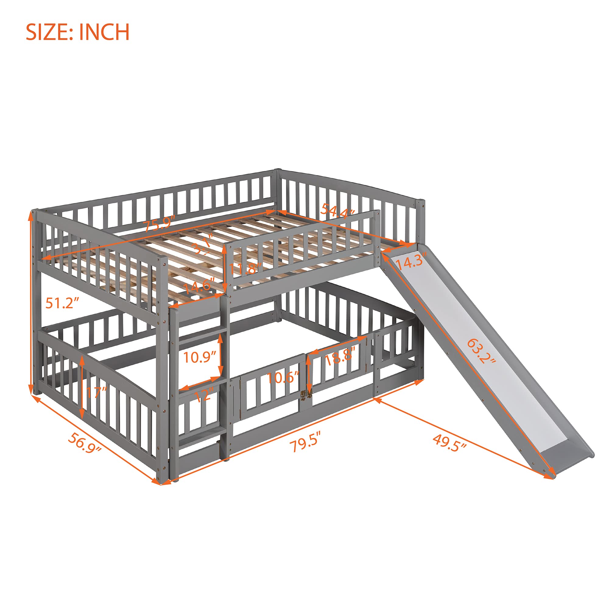Harper & Bright Designs Full Over Full Low Kids Bunk Bed with Slide - Wooden Bunk Bed Frame with Safety Guardrail, Ladder & Fun Small Door for Toddlers, Kids & Teens - Perfect for Small Bedrooms, Playrooms & Sleepovers (Grey)