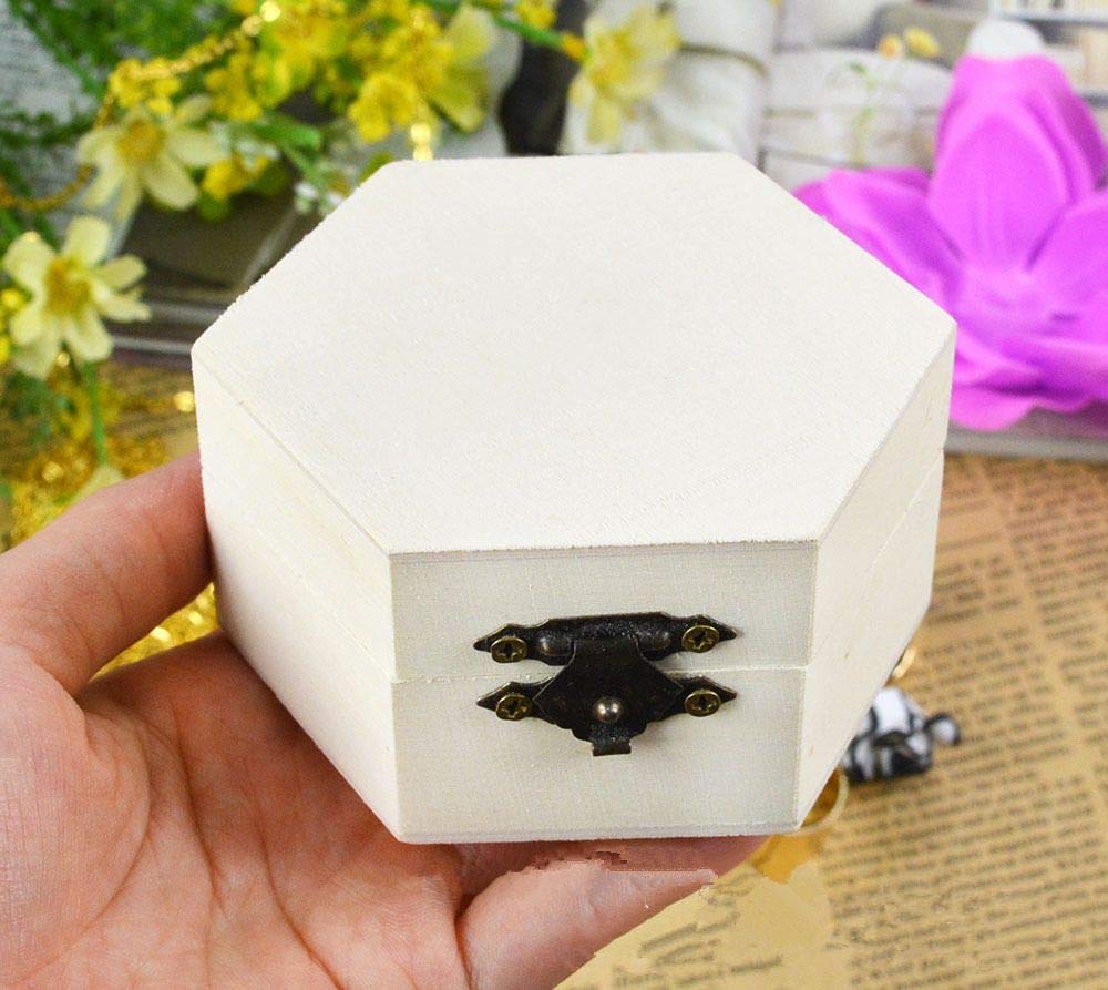 Unfinished Wooden Jewelry Storage Box - DIY Hexagon Craft Case for Earrings, Necklaces & Rings - Organizer with Lid Lock - Perfect for Home Decor, Gift Giving & Craft Projects