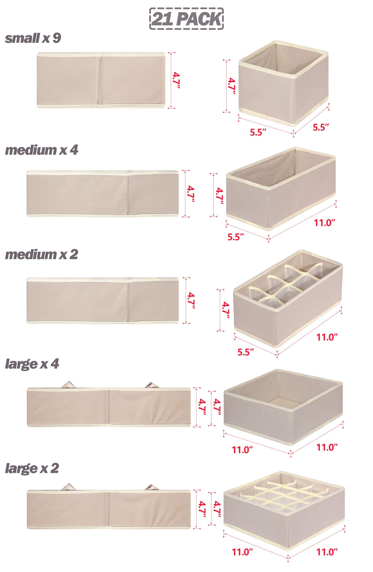 21-Pack Foldable Fabric Drawer Organizers - Closet Storage Boxes & Dividers for Underwear, Bras, Socks, Panties - Nursery & Baby Clothes Organizer - Beige | Perfect for Dresser, Wardrobe & Closet Organization