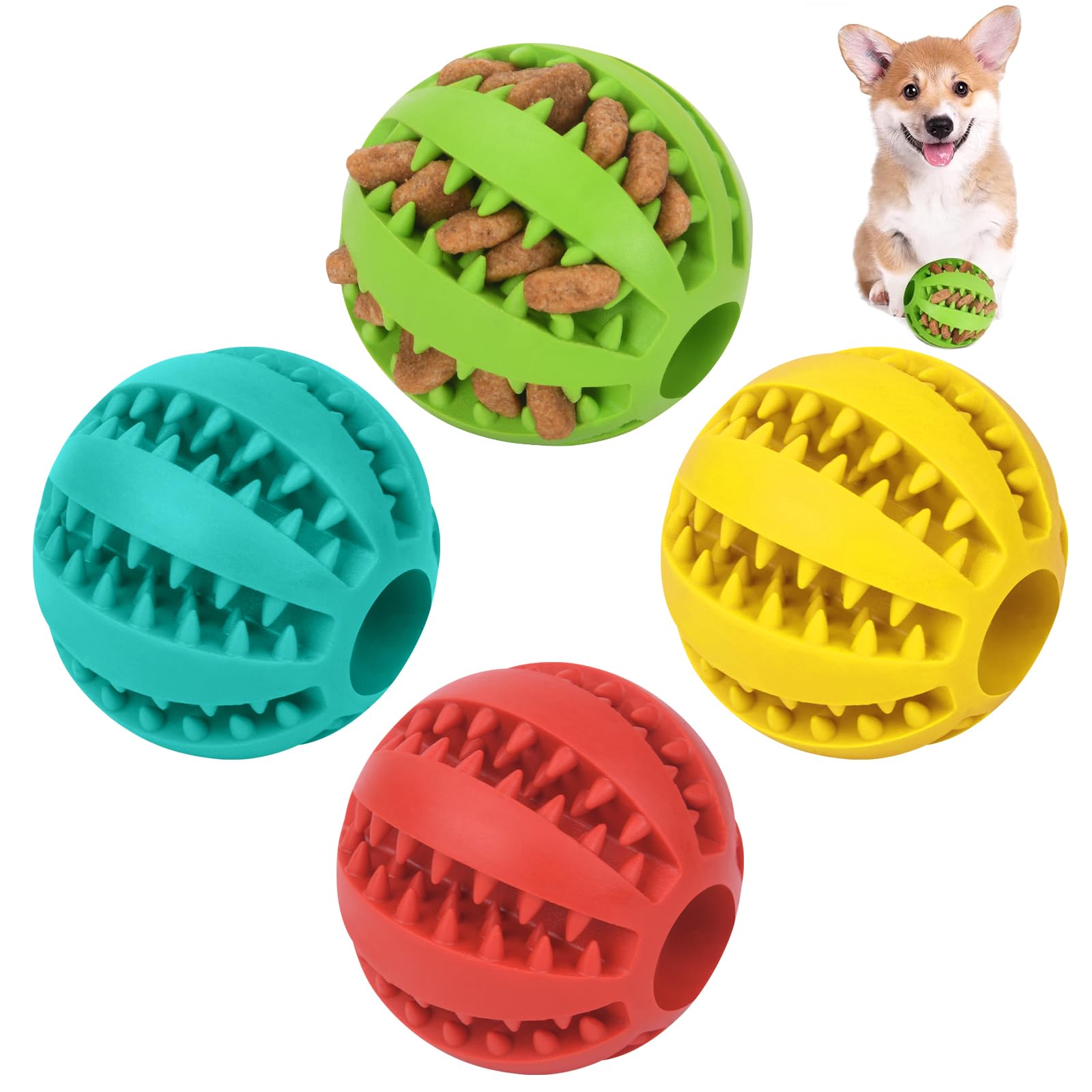 Flintronic 4-Pack Natural Rubber Dog Chew Toy Balls with Mint Flavor - Interactive Puzzle Feeder & Teeth Cleaning Toy for Small to Medium Dogs (5cm) - Perfect for Training, Enrichment & Dental Health