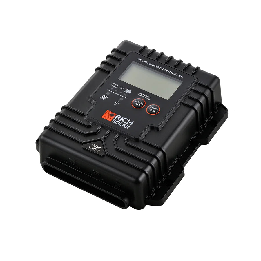 Rich Solar 10 Amp PWM Waterproof Solar Charge Controller - 12V/24V Auto, LCD Display for RV, Boat, Off-Grid Solar Panel System - Perfect for Camping, Marine & Home Solar Power