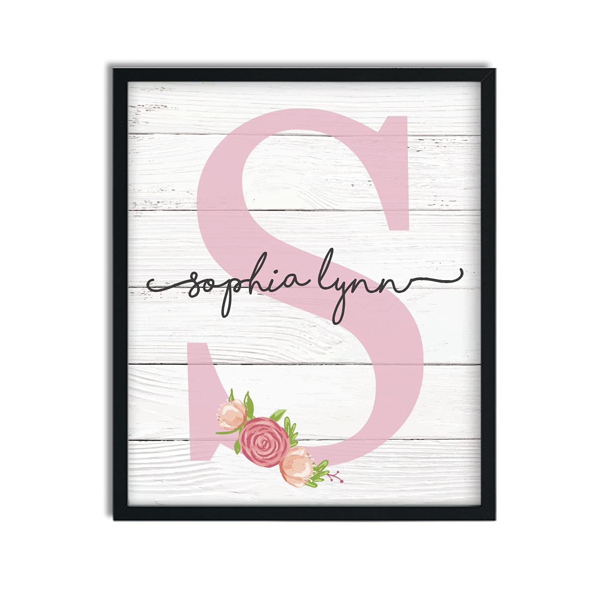 Girls Monogram Paper Art Print - Wood Nursery Decor, Rustic Name Sign, Pink Floral Wall Art for Girls Room & Dorm - Perfect for Baby Shower Gifts & Nursery Wall Decor